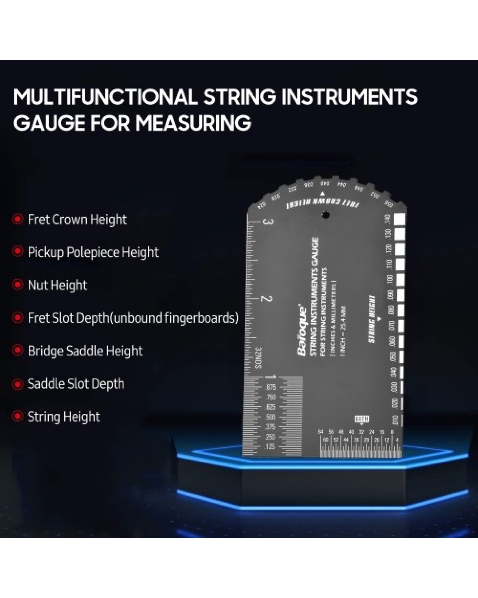 Baroque String Instruments Gauge String Action Gauge Ruler Pocket-size Metallic Ruler for Electric Bass and Acoustic Guitar Stri