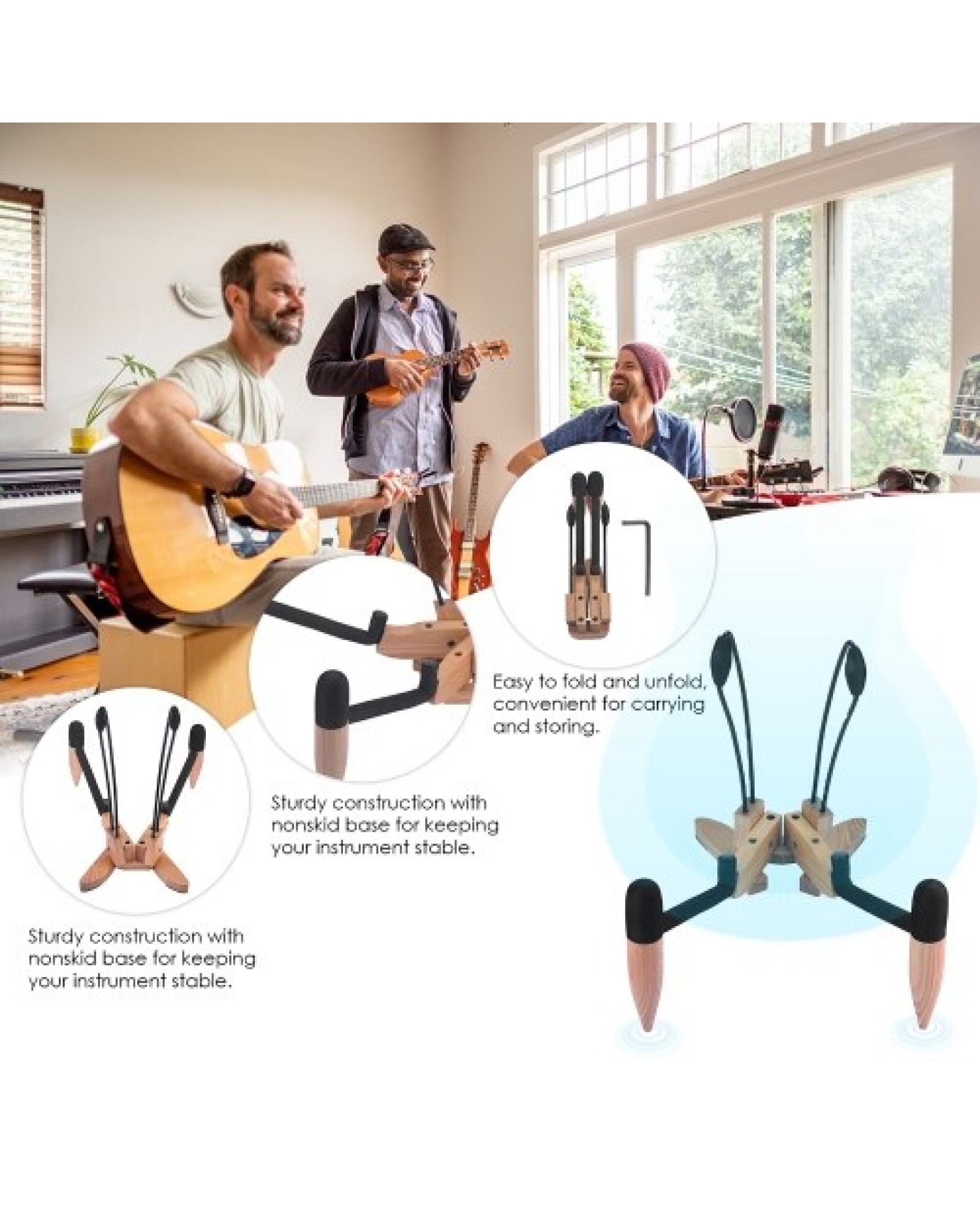 Hardwood Collapsible Folding Musical Instrument Stand Bracket Holder for Acoustic Folk Classical Guitar Cello Natural Wood Color