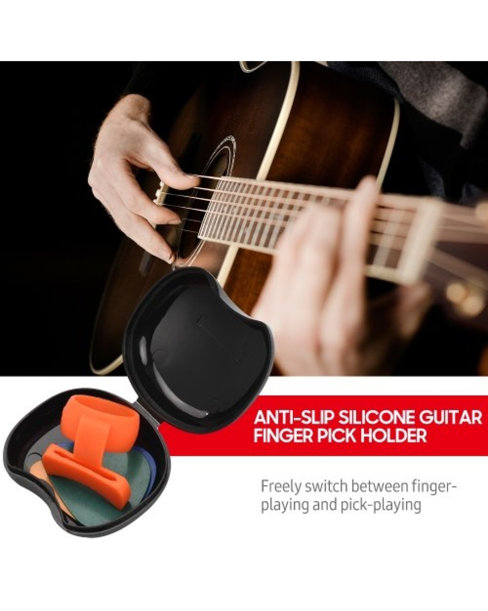 BOBAO Anti-slip Guitar Finger Pick Holder Silicone Finger Stall with 3 Picks/Storage Box Strumming Accessory for Acoustic Guitar