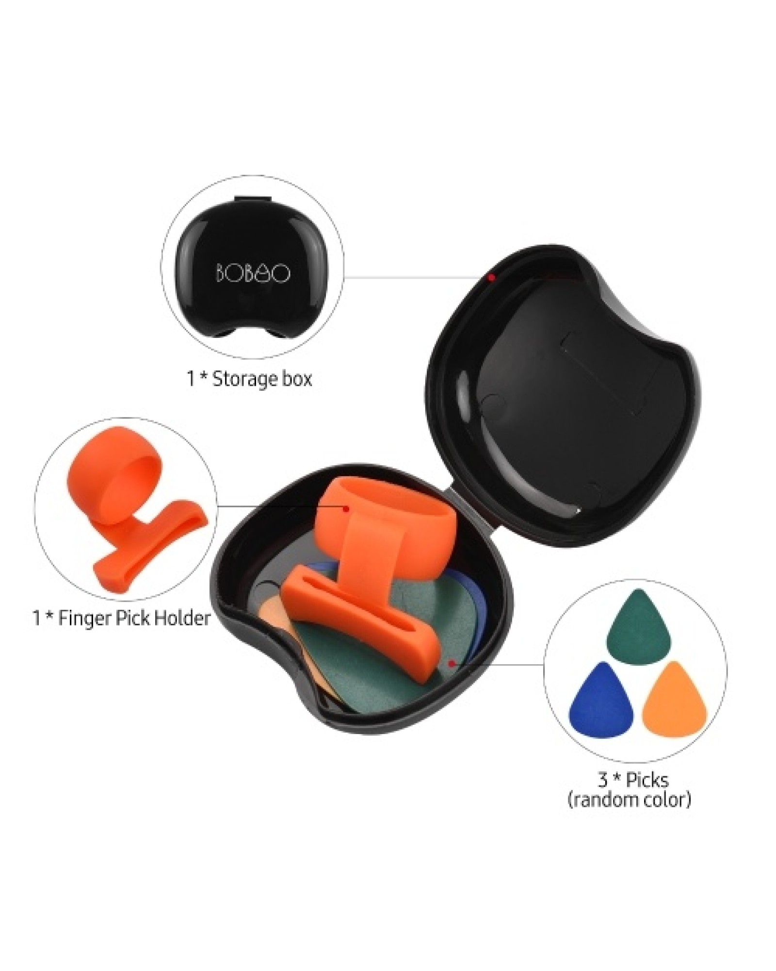 BOBAO Anti-slip Guitar Finger Pick Holder Silicone Finger Stall with 3 Picks/Storage Box Strumming Accessory for Acoustic Guitar