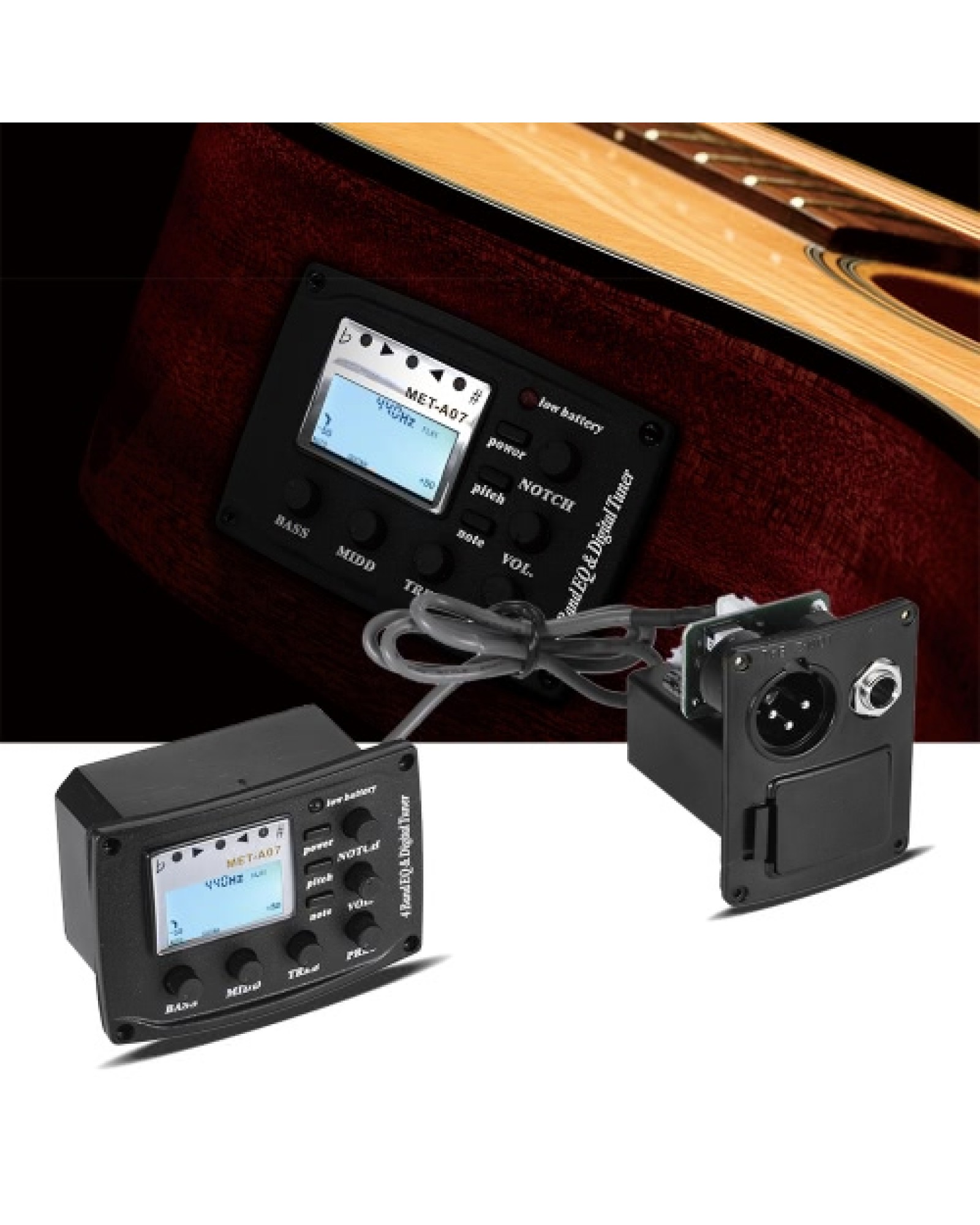Acoustic Guitar 4-Band EQ Equalizer Tone and Volume Amplifier Preamp Piezo Pickup 6.35mm XLR with Pitch Note Notch Function Clea