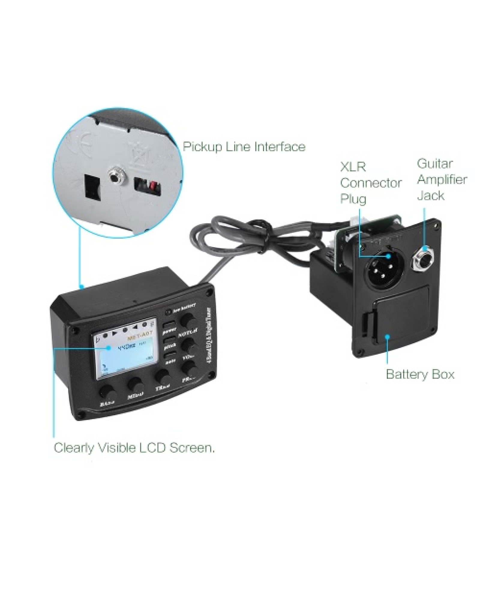 Acoustic Guitar 4-Band EQ Equalizer Tone and Volume Amplifier Preamp Piezo Pickup 6.35mm XLR with Pitch Note Notch Function Clea