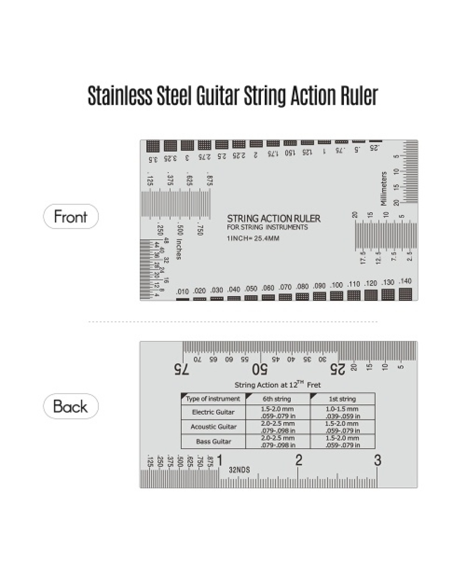 Stainless Steel Guitar String Action Ruler String Pitch Ruler Guitar Measuring Gauge Tool 89*51mm