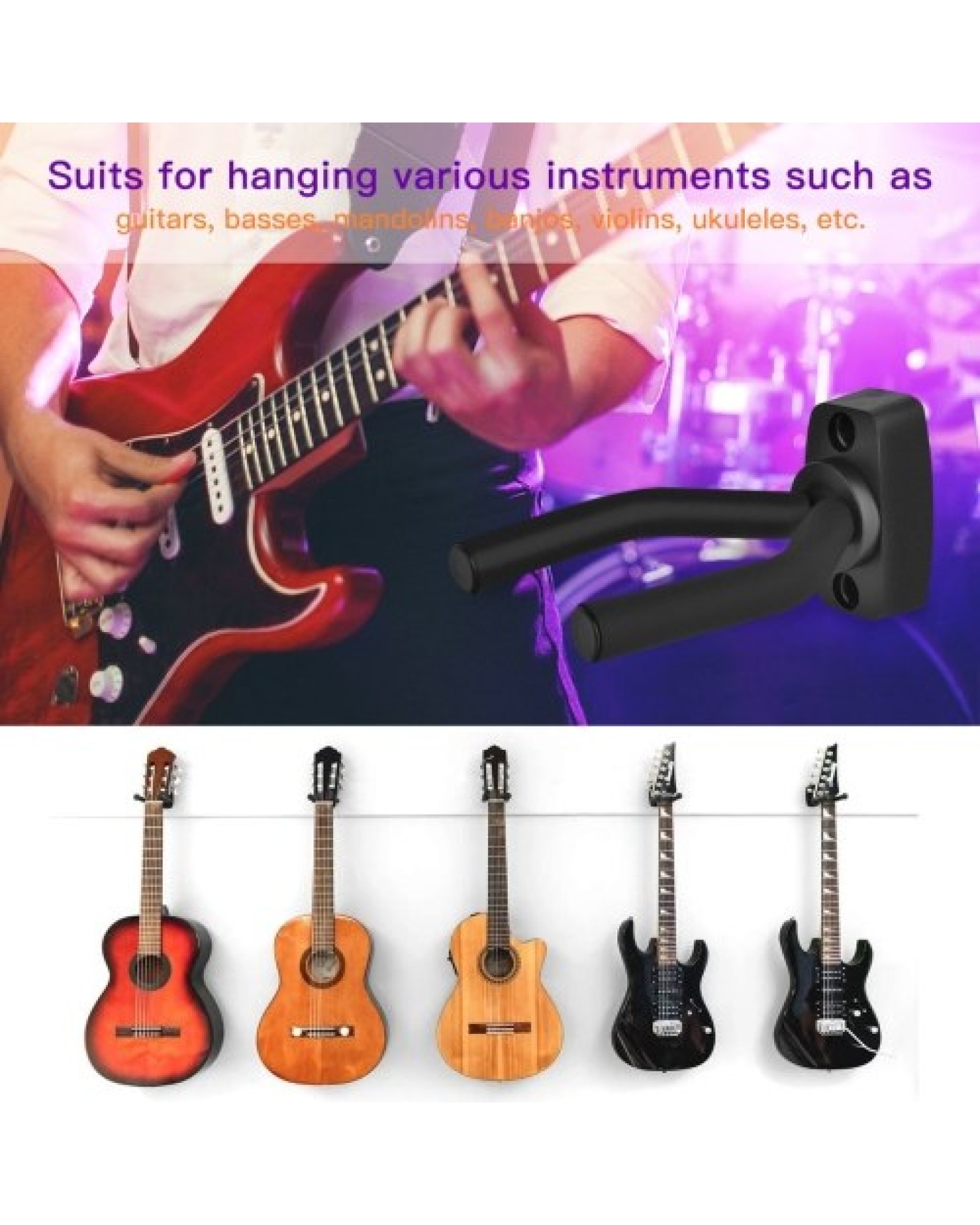 4Pcs Guitar Hangers Wall Mount Guitar Holder Guitar Ukulele Bass Support Display