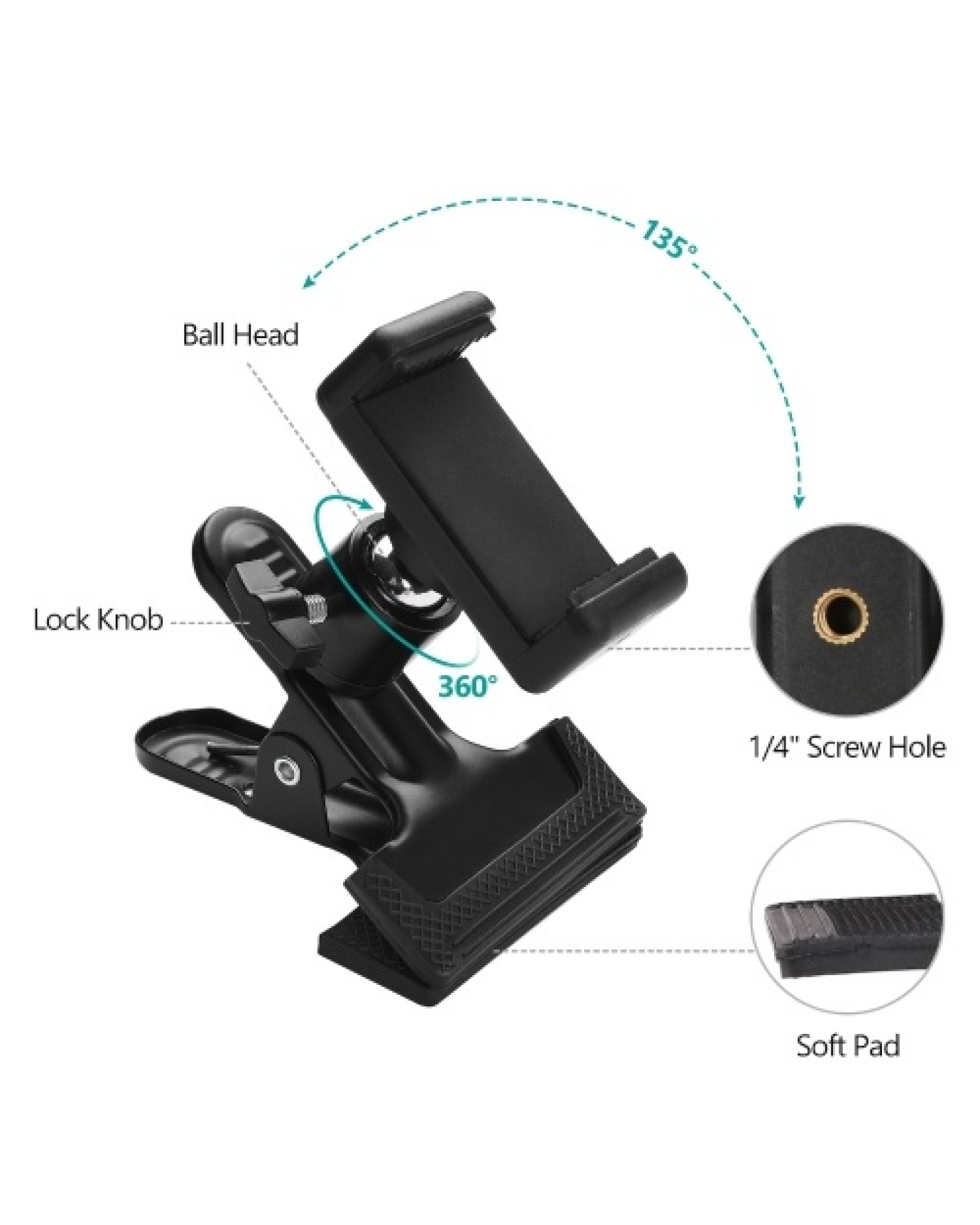 Clip-on Phone Holder Musical Instrument Phone Mount Stand with 360 Degree Rotatable Ball Head for Bass Guitar Head