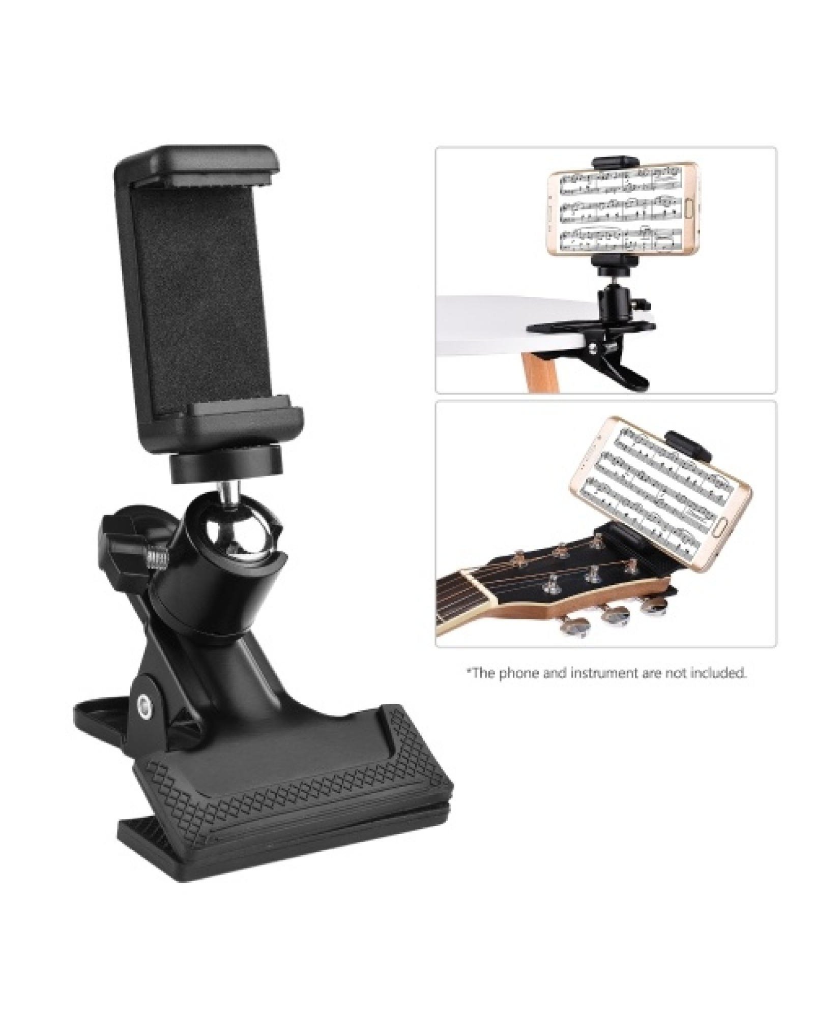 Clip-on Phone Holder Musical Instrument Phone Mount Stand with 360 Degree Rotatable Ball Head for Bass Guitar Head