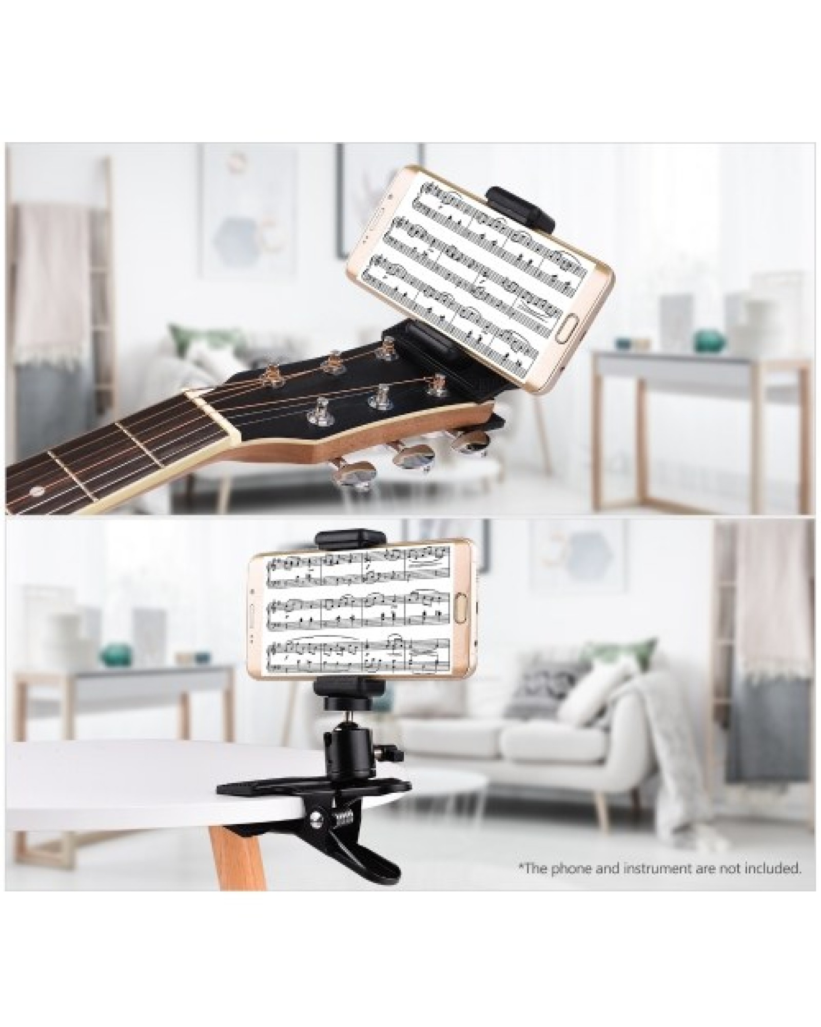 Clip-on Phone Holder Musical Instrument Phone Mount Stand with 360 Degree Rotatable Ball Head for Bass Guitar Head