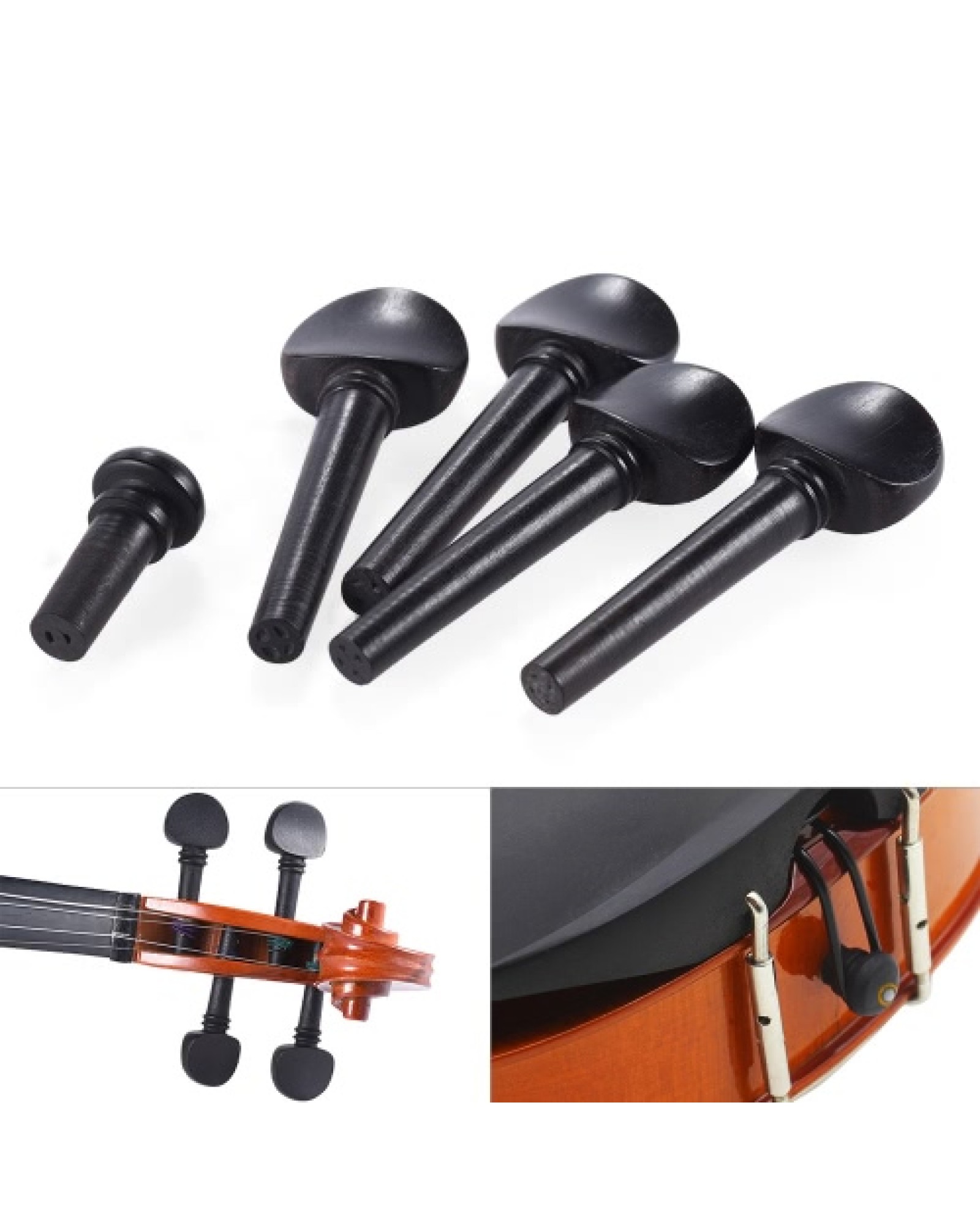 4/4 Size Ebony Wood Violin Fiddle Tuning Pegs Endpin Set Replacement Black