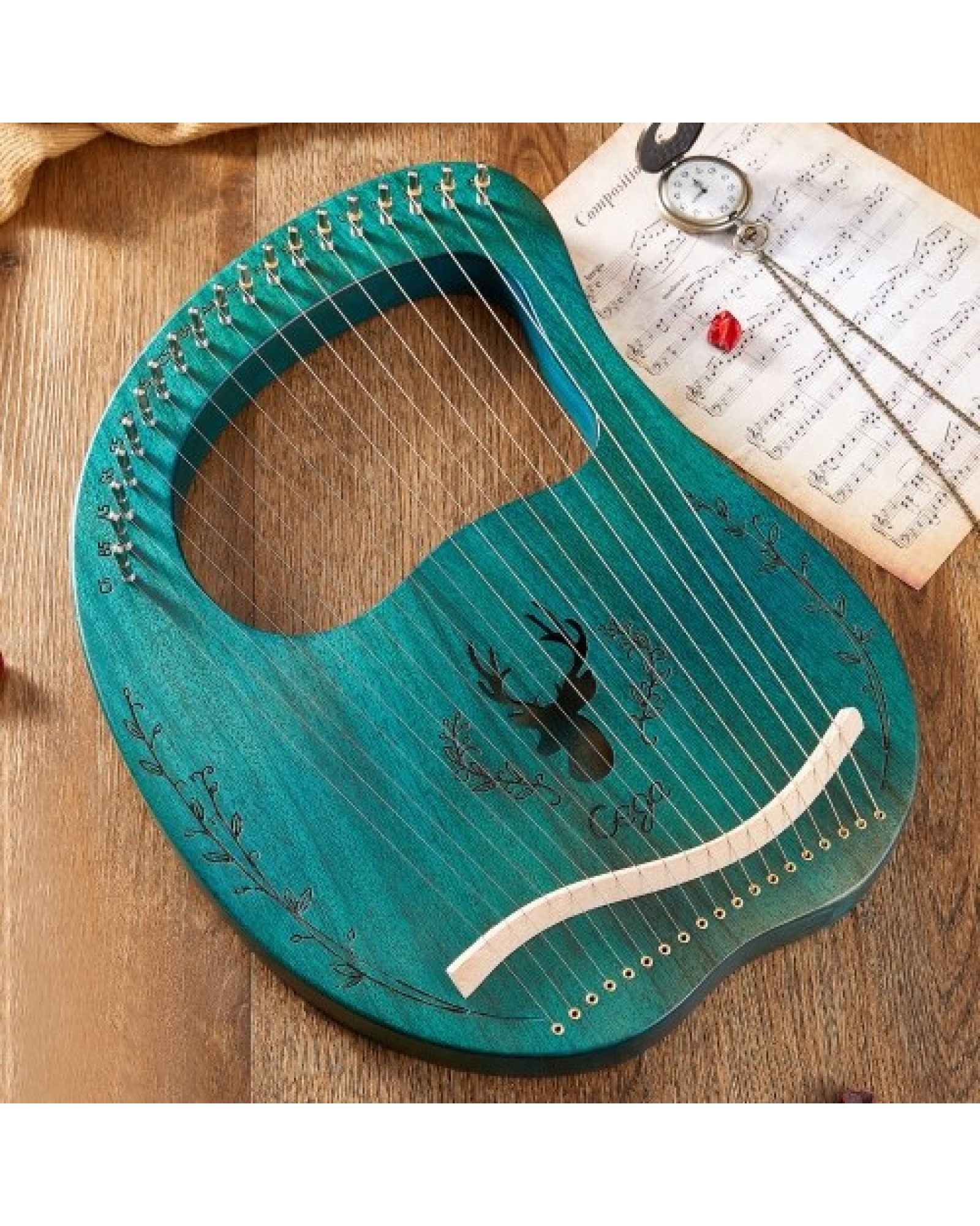 19-String Wooden Lyre Harp Resonance Box String Instrument with Tuning Wrench 3pcs Picks