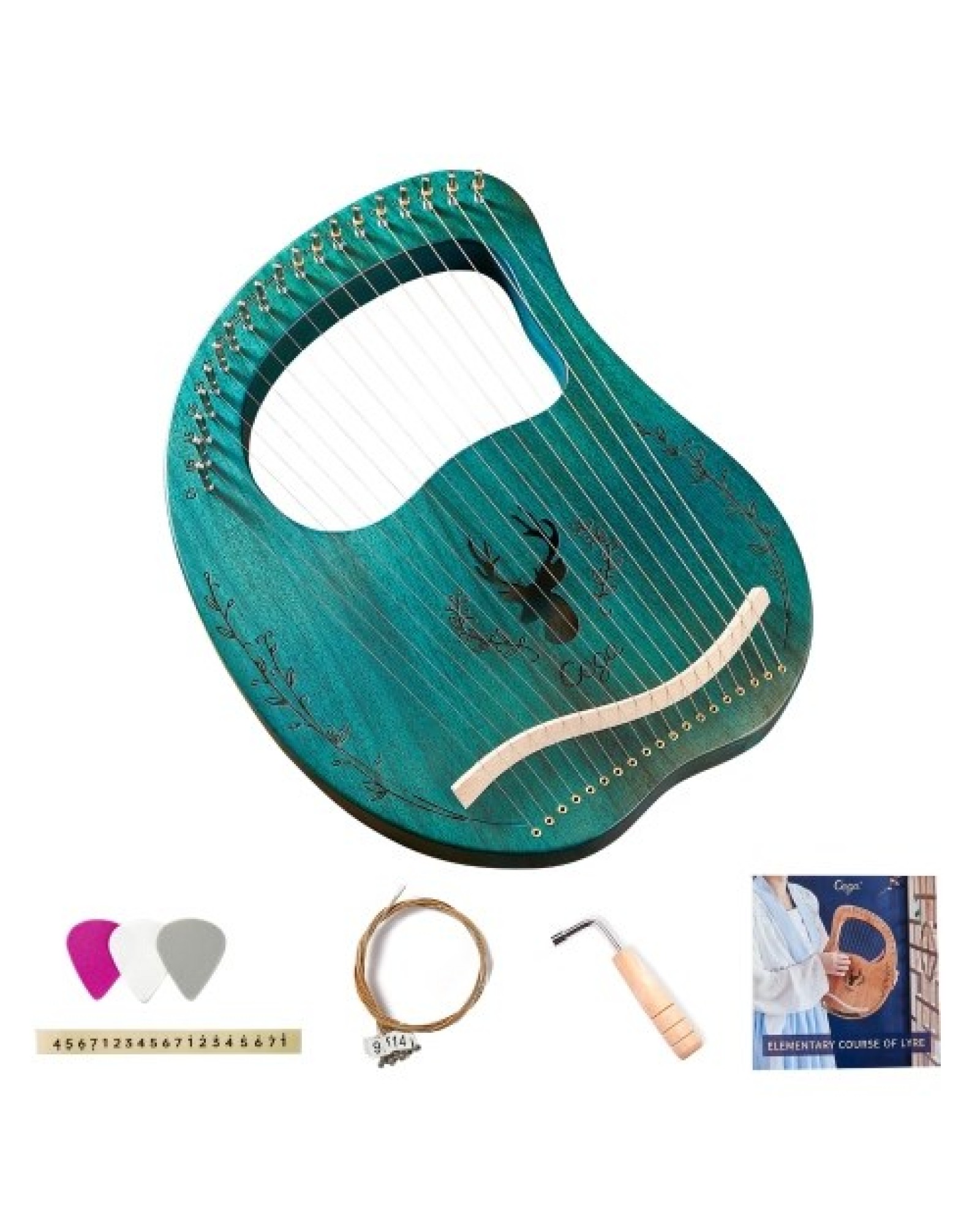 19-String Wooden Lyre Harp Resonance Box String Instrument with Tuning Wrench 3pcs Picks