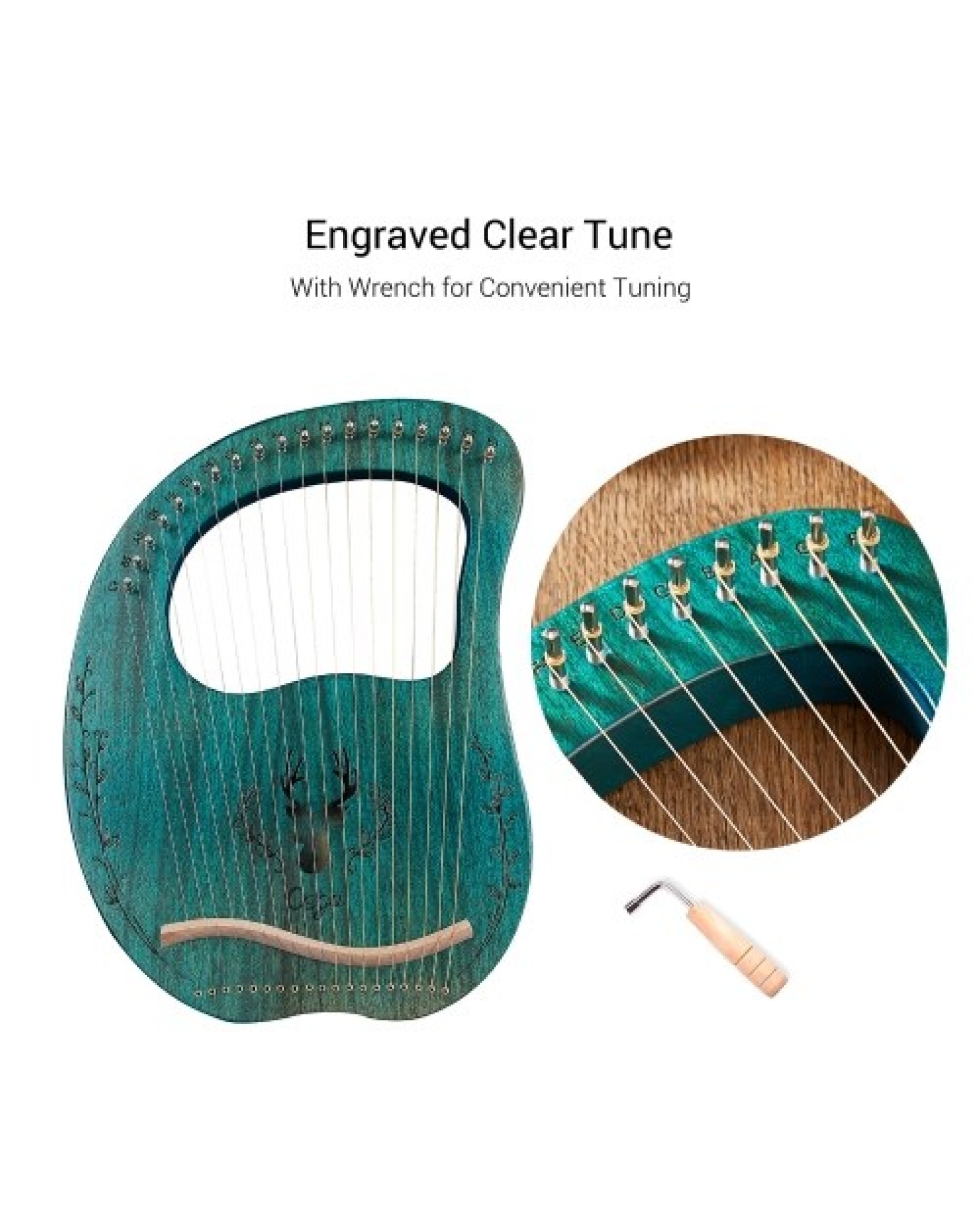 19-String Wooden Lyre Harp Resonance Box String Instrument with Tuning Wrench 3pcs Picks