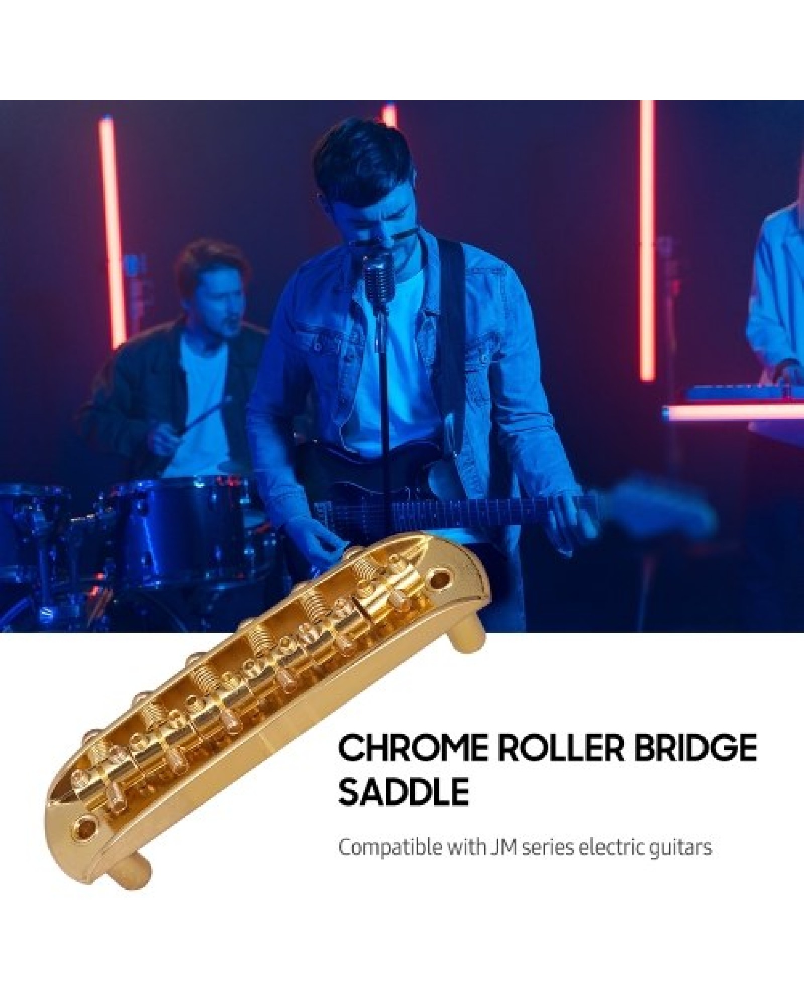 Electric Guitar Bridge Compatible with JM Series, Guitar Tailpiece Chrome Roller Saddles with 2 Screw Sleeves &amp; 1.5mm Hexago