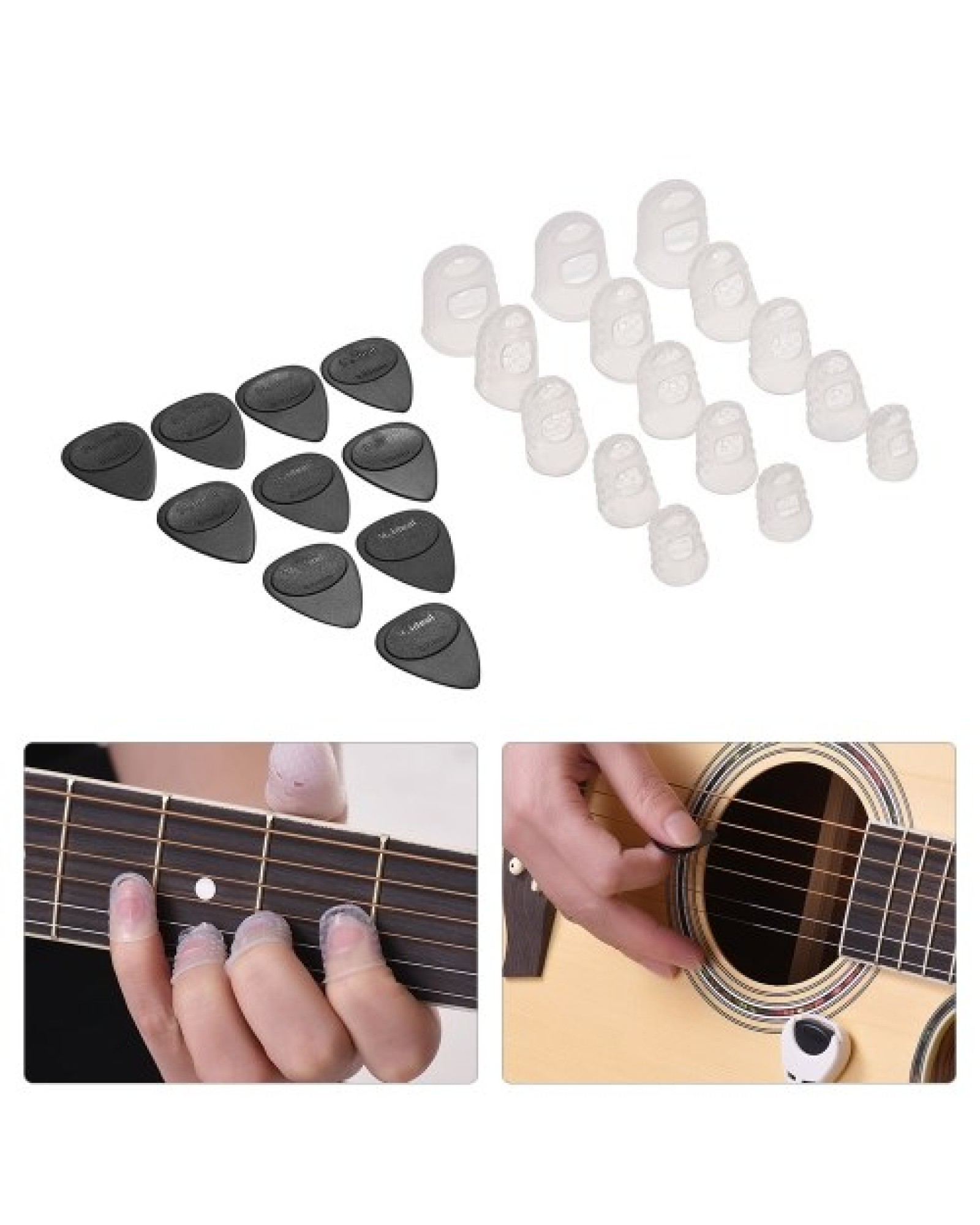 Guitar Accessories Kit Includes 15pcs Silicone Guitar Finger Protectors + 10pcs Guitar Picks for Acoustic Guitar Beginners