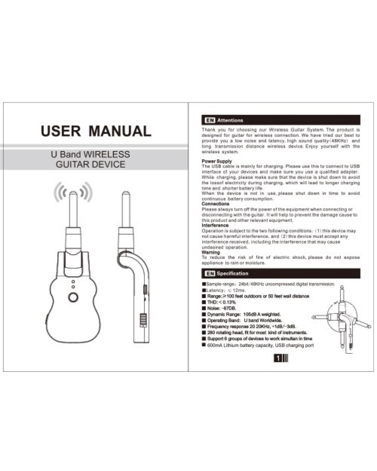 UHF Wireless Audio Transmitter Receiver System USB Rechargeable Pick Up