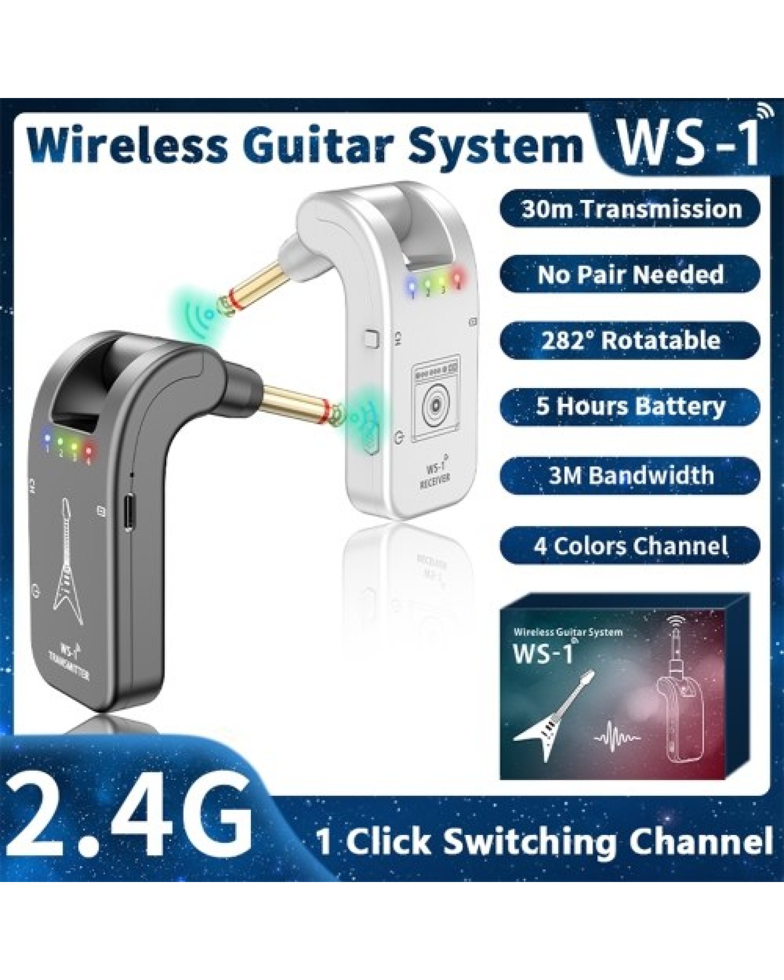 WS-1 2.4GHz Wireless Guitar System Rechargeable Audio Transmitter and Receiver