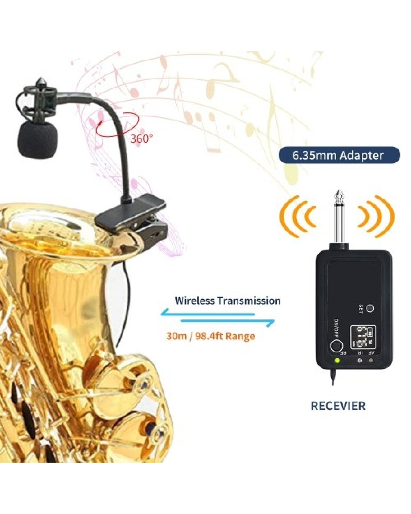 UHF Wireless Instruments Microphone Saxophone Microphone Transmitter Receiver Set Plug &amp; Play Pick Up for Trumpet Trumbone