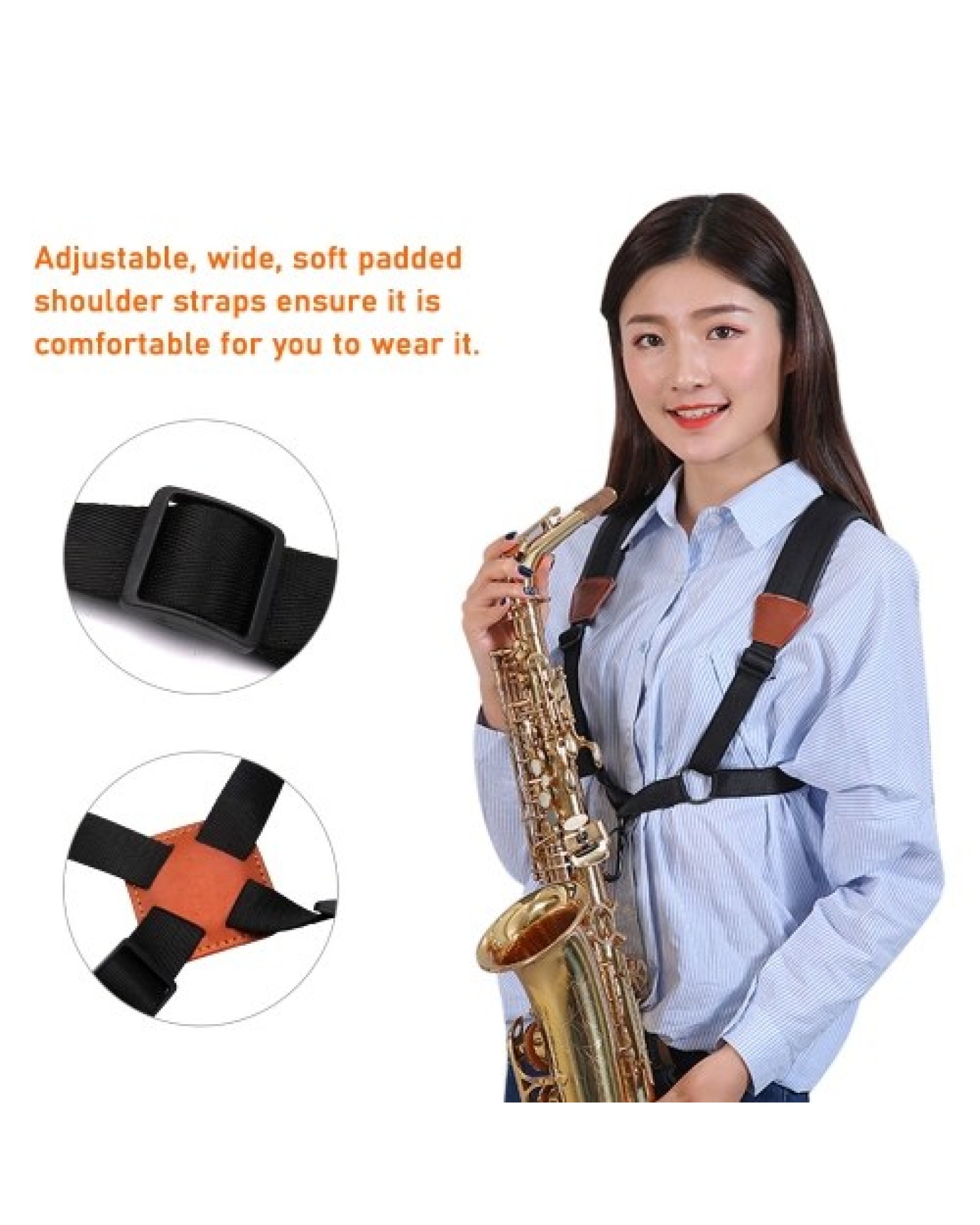 Saxophone Strap Sax Shoulder Strap Adjustable Padded Leather Strap for Soprano Alto Baritone Saxophone