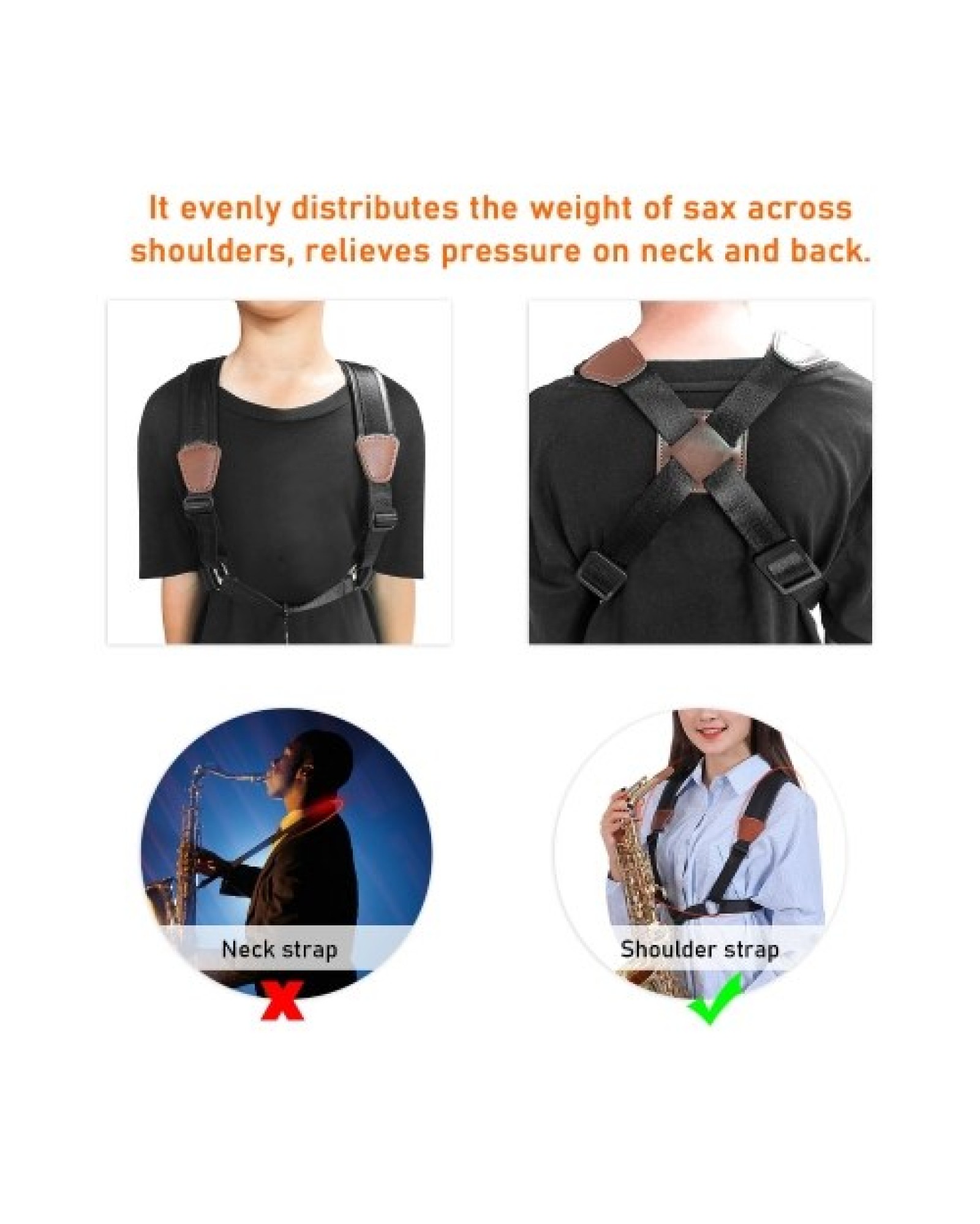 Saxophone Strap Sax Shoulder Strap Adjustable Padded Leather Strap for Soprano Alto Baritone Saxophone