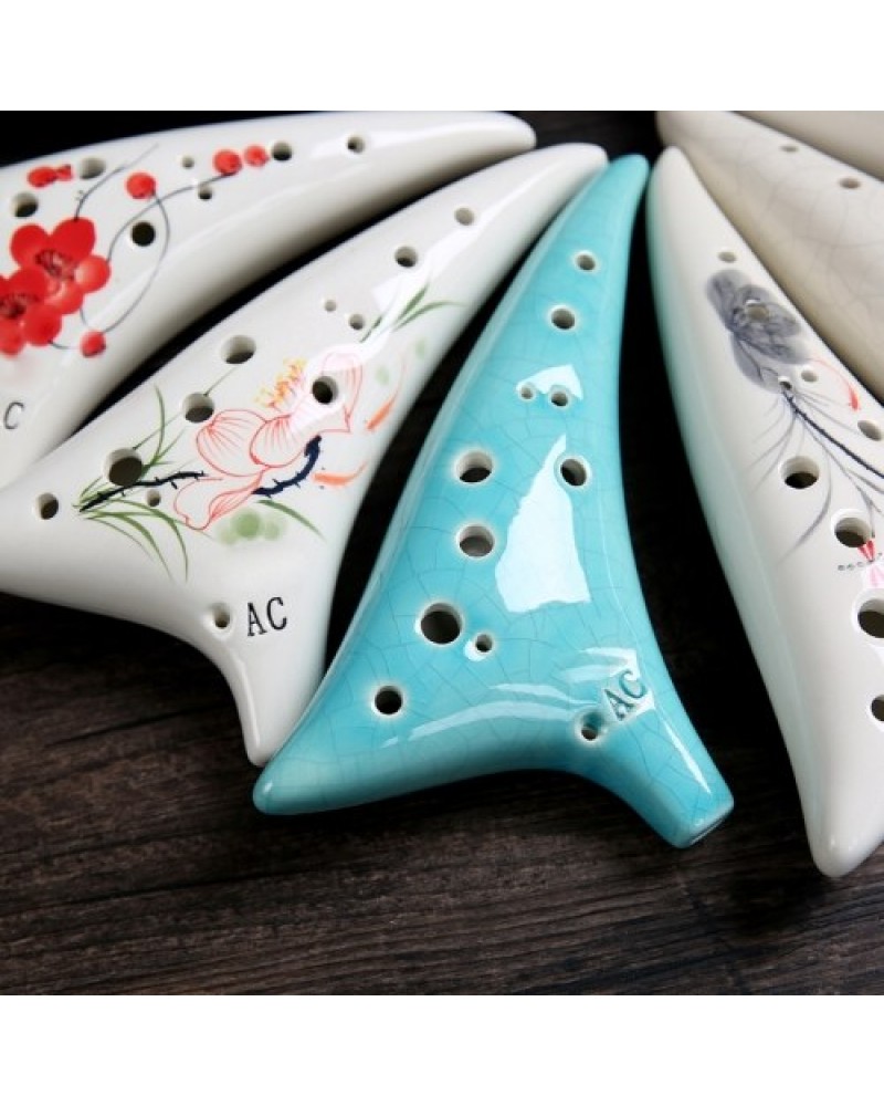 12 Holes Warped-tail Ceramic Ocarina Alto C Hand Painted Musical Instrument with Lanyard Music Score Protective Bag For Music Lo