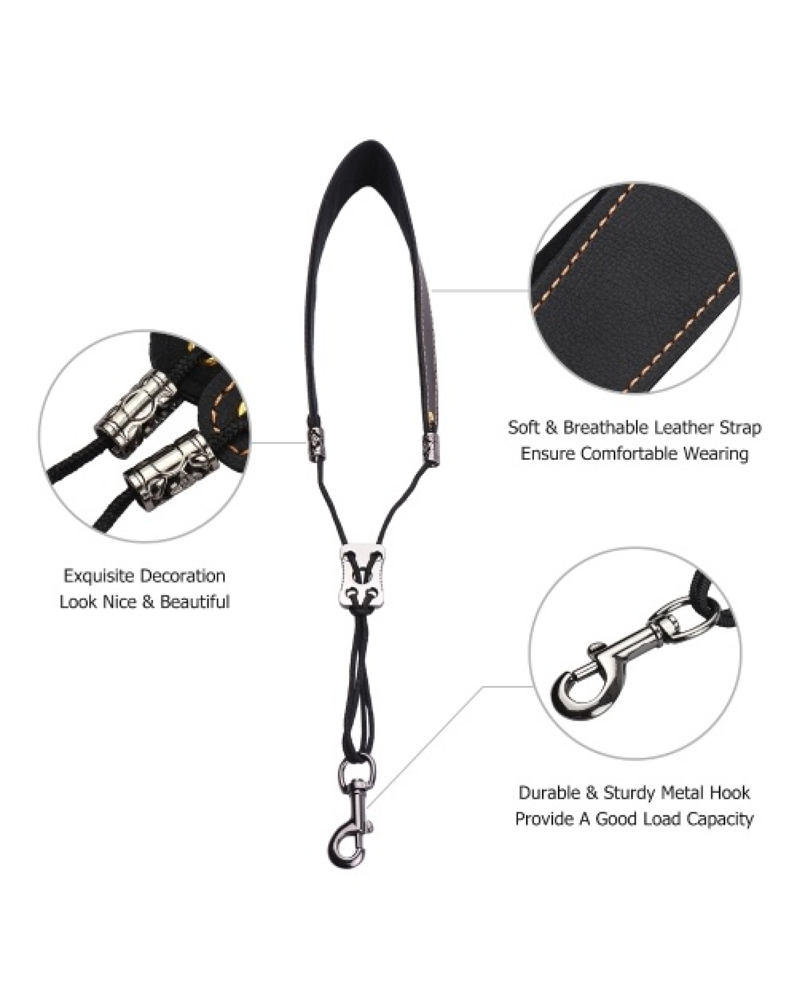 Adjustable Saxophone Neck Strap Soft Leather Padded Sax Strap with Metal Hook for Saxophones Clarinets