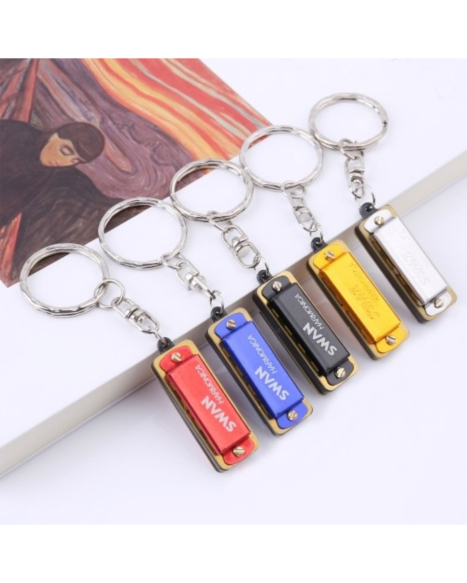 SWAN Keychain Harmonica 4 Holes 8 Tones Key of C Small Harmonica Hanging Decoration Mini Music Instrument for Beginners Students