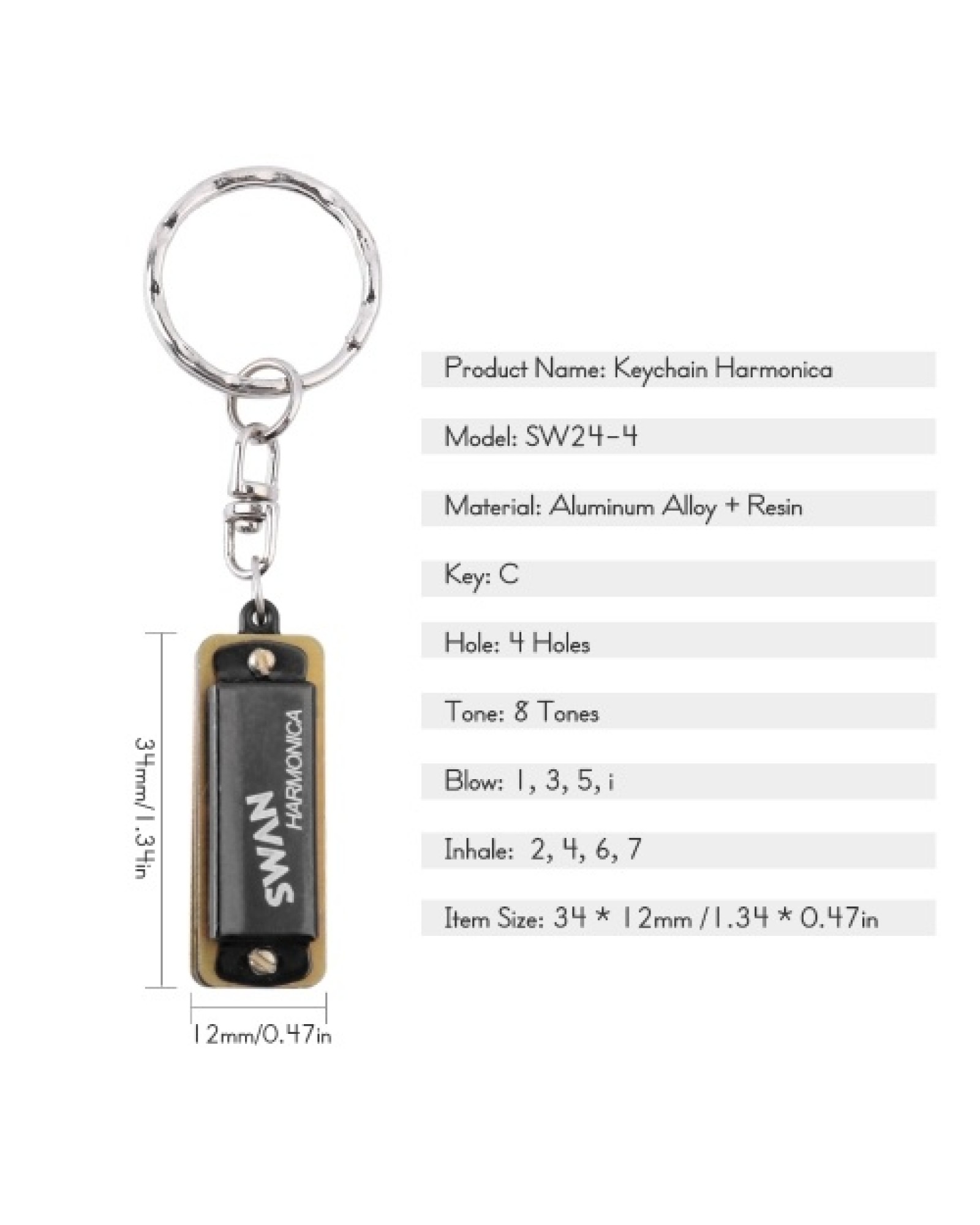 SWAN Keychain Harmonica 4 Holes 8 Tones Key of C Small Harmonica Hanging Decoration Mini Music Instrument for Beginners Students