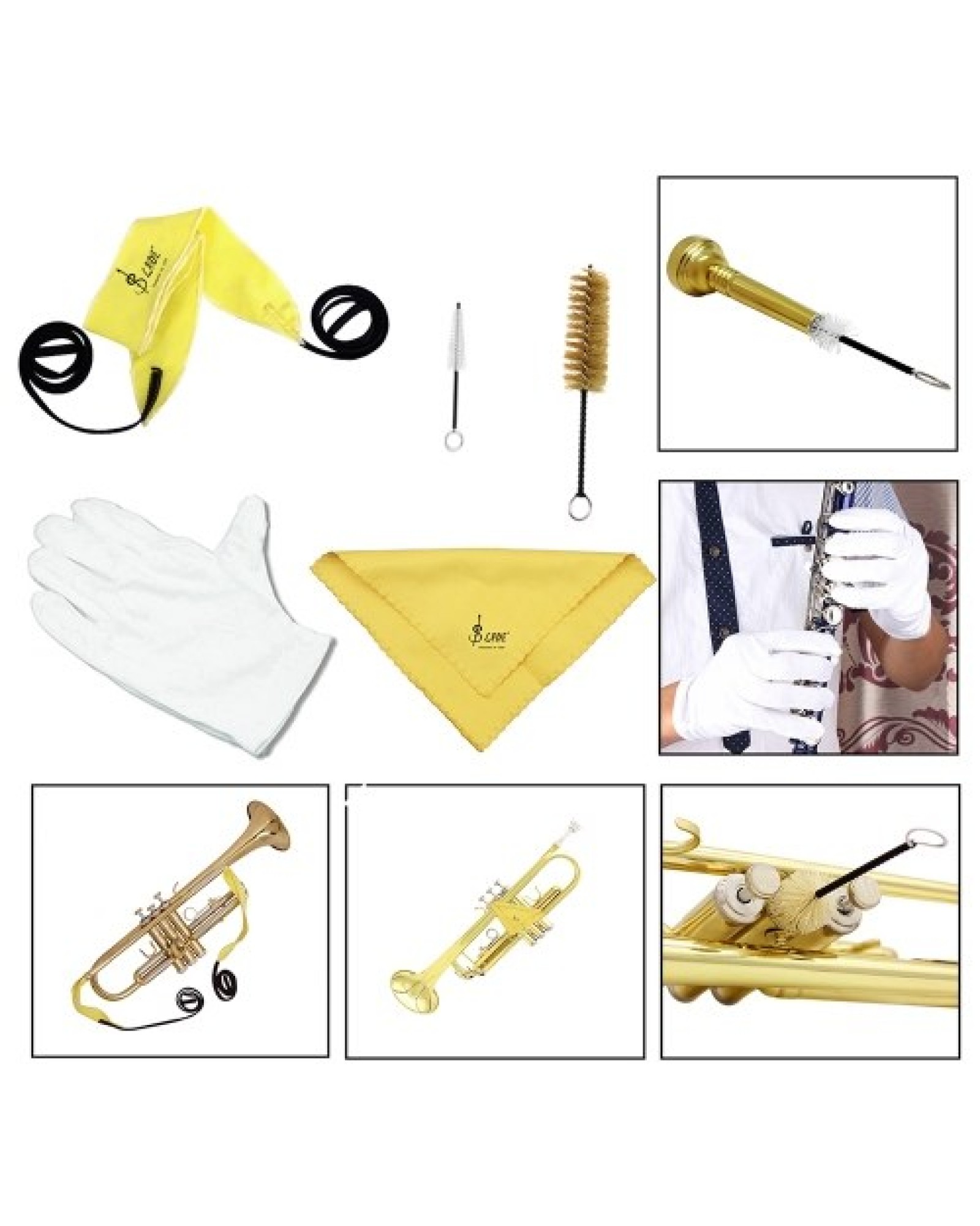 Trumpet Cleaning Tools Kit with Through Cloth Cleaning Cloth Brush Gloves