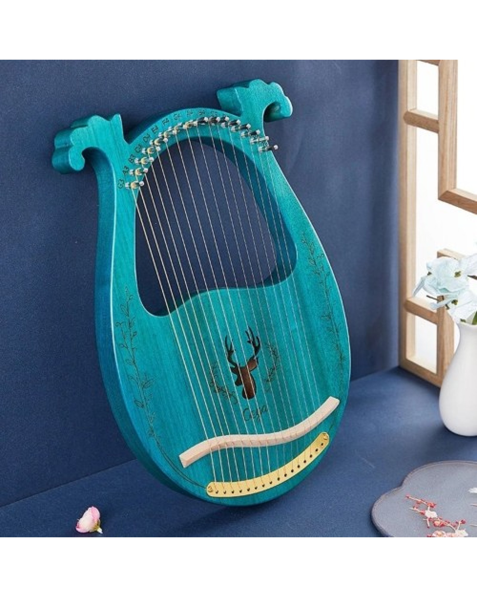 16-String Wooden Lyre Harp Resonance Box String Instrument with Tuning Wrench 3pcs Picks