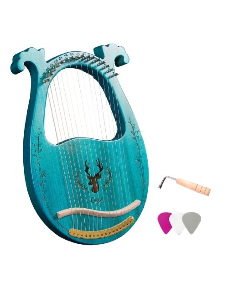 16-String Wooden Lyre Harp Resonance Box String Instrument with Tuning Wrench 3pcs Picks