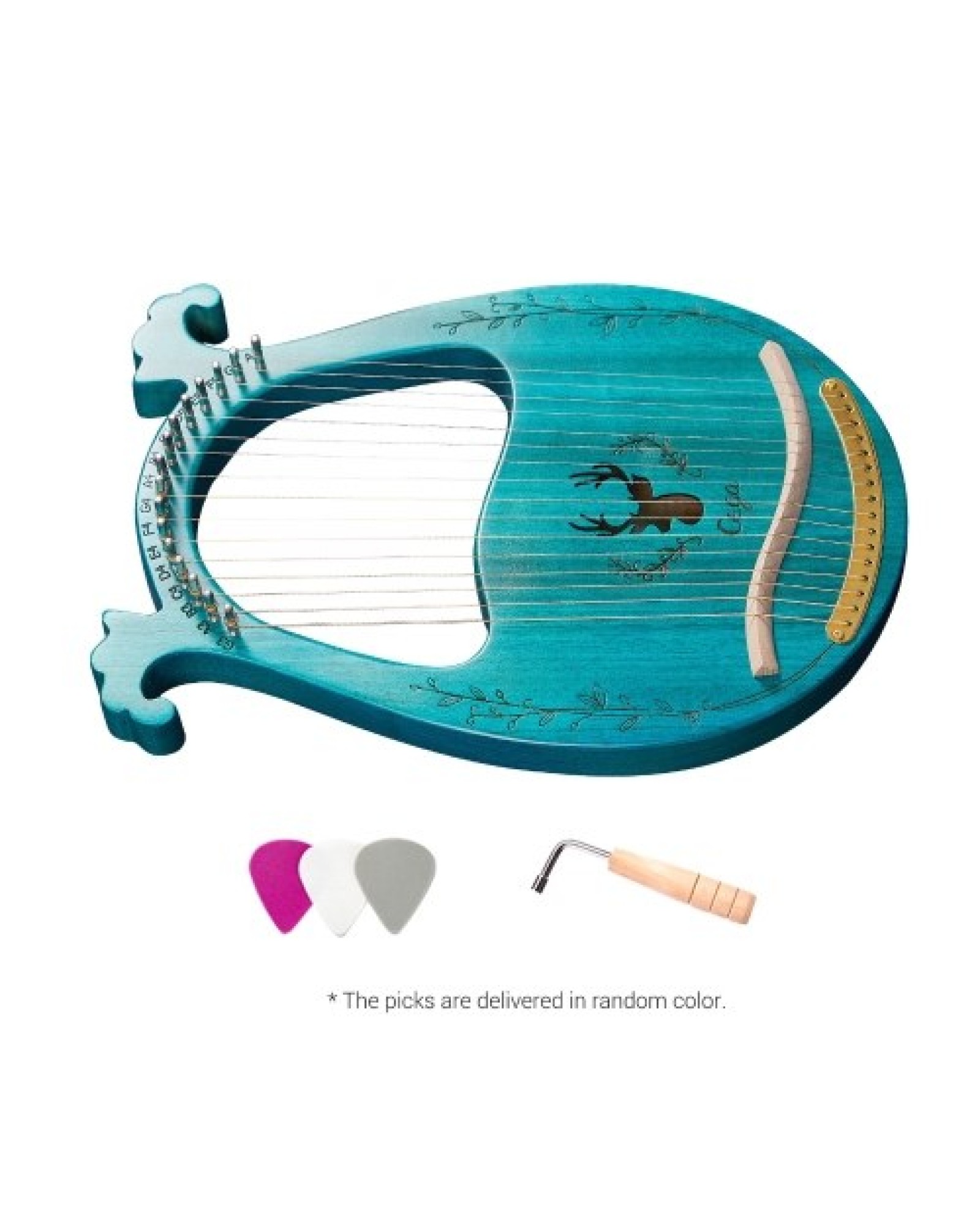 16-String Wooden Lyre Harp Resonance Box String Instrument with Tuning Wrench 3pcs Picks