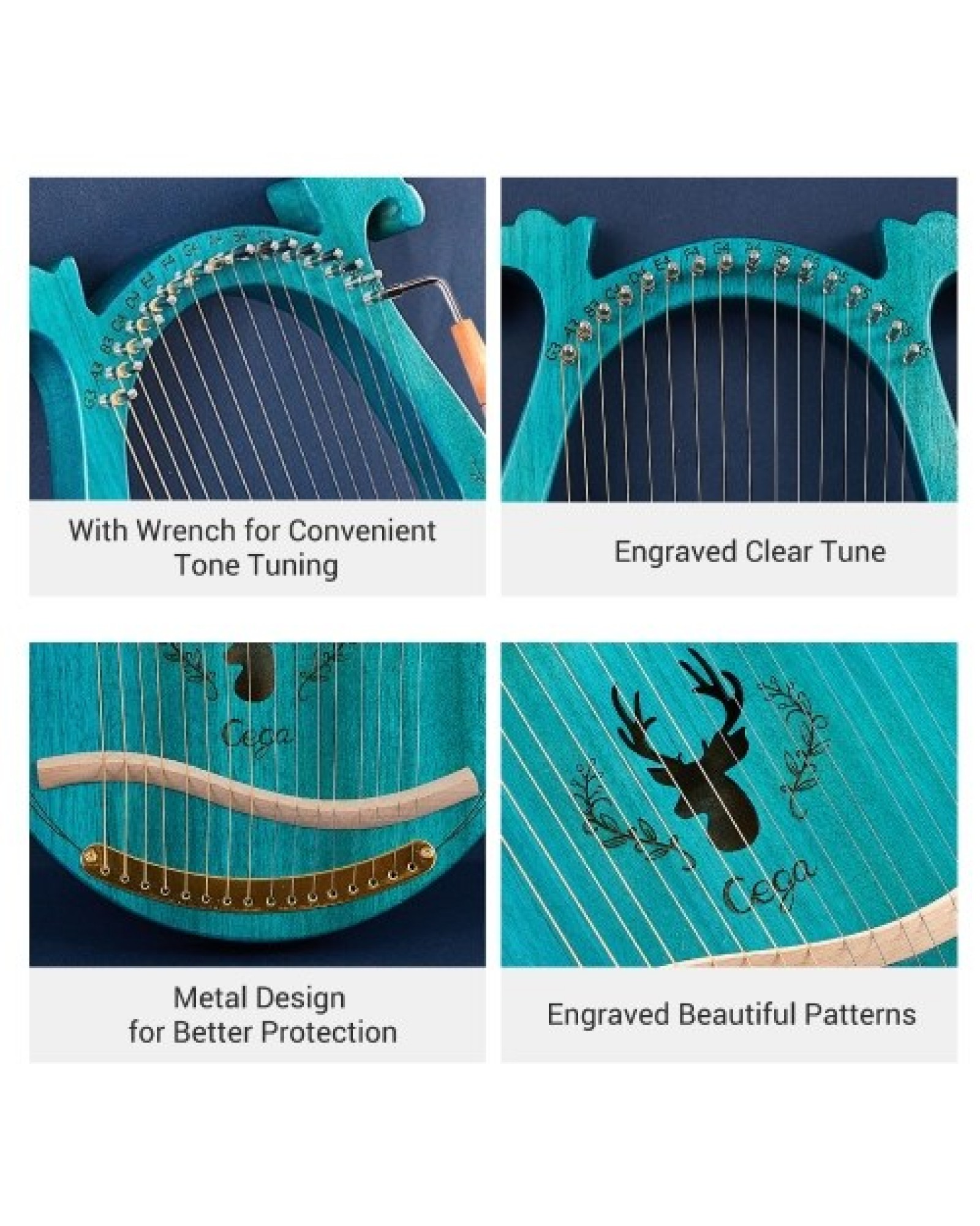 16-String Wooden Lyre Harp Resonance Box String Instrument with Tuning Wrench 3pcs Picks