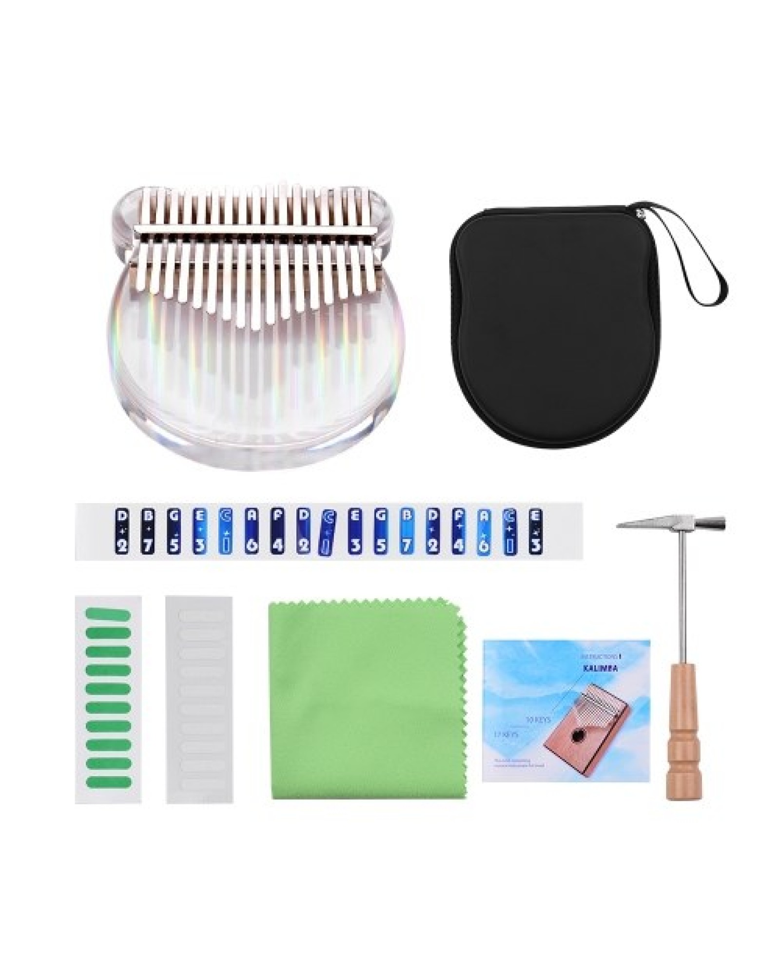 17-Key Kalimba Piano Transparent Acrylic Material with Carry Bag Musical Note Stickers Tuning Hammer Cleaning Cloth Musical Gift