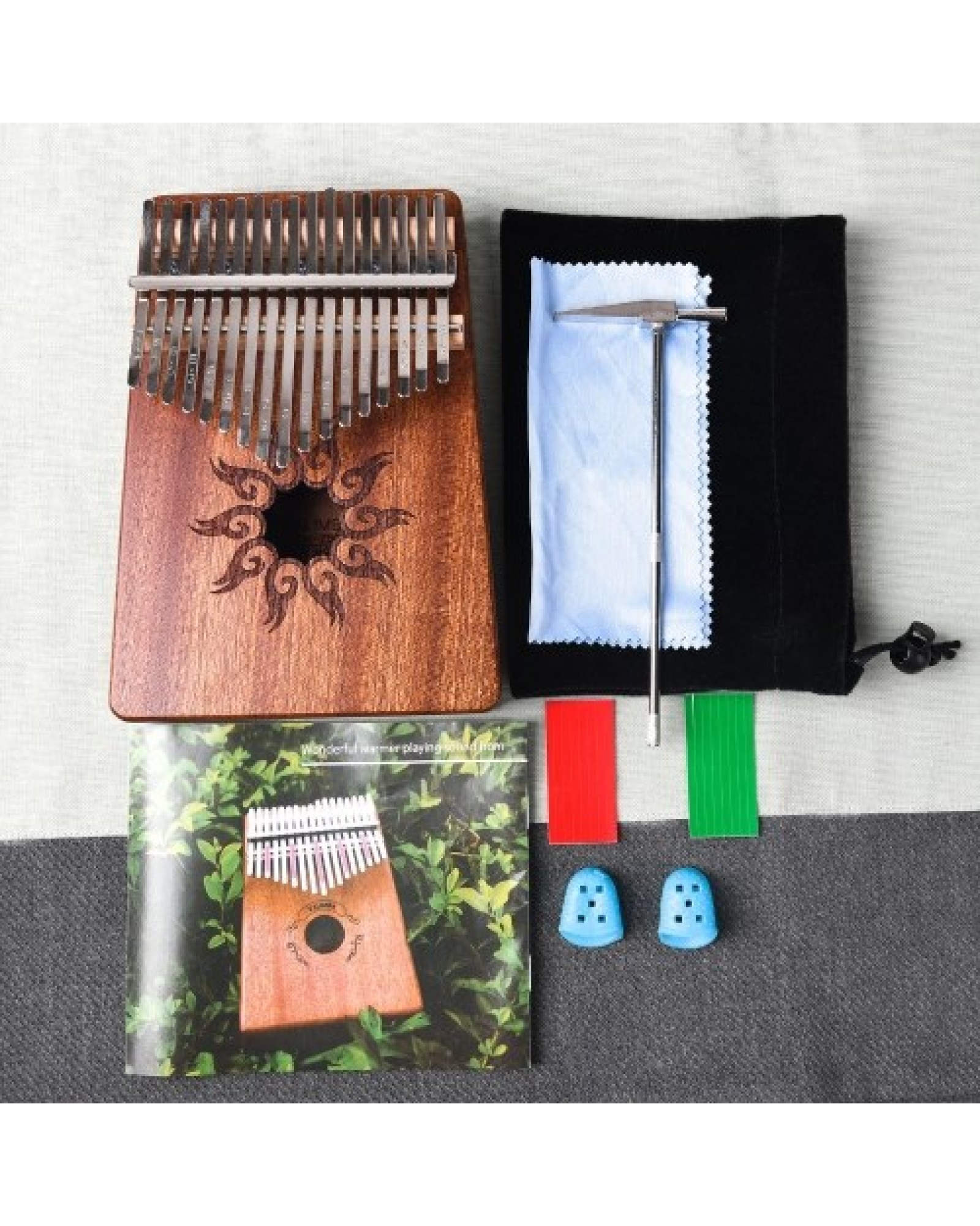 17-Tone Thumb Piano Flame Pattern Pine Wood Musical Instrument with Learning Book Tune Hammer