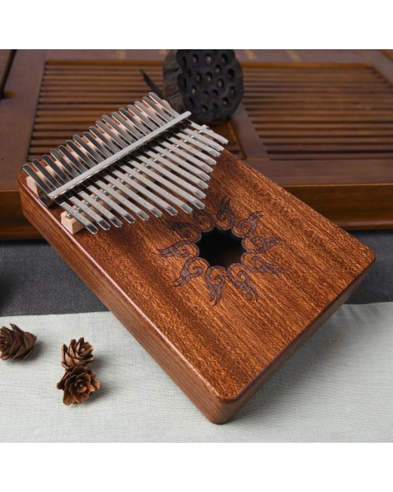 17-Tone Thumb Piano Flame Pattern Pine Wood Musical Instrument with Learning Book Tune Hammer