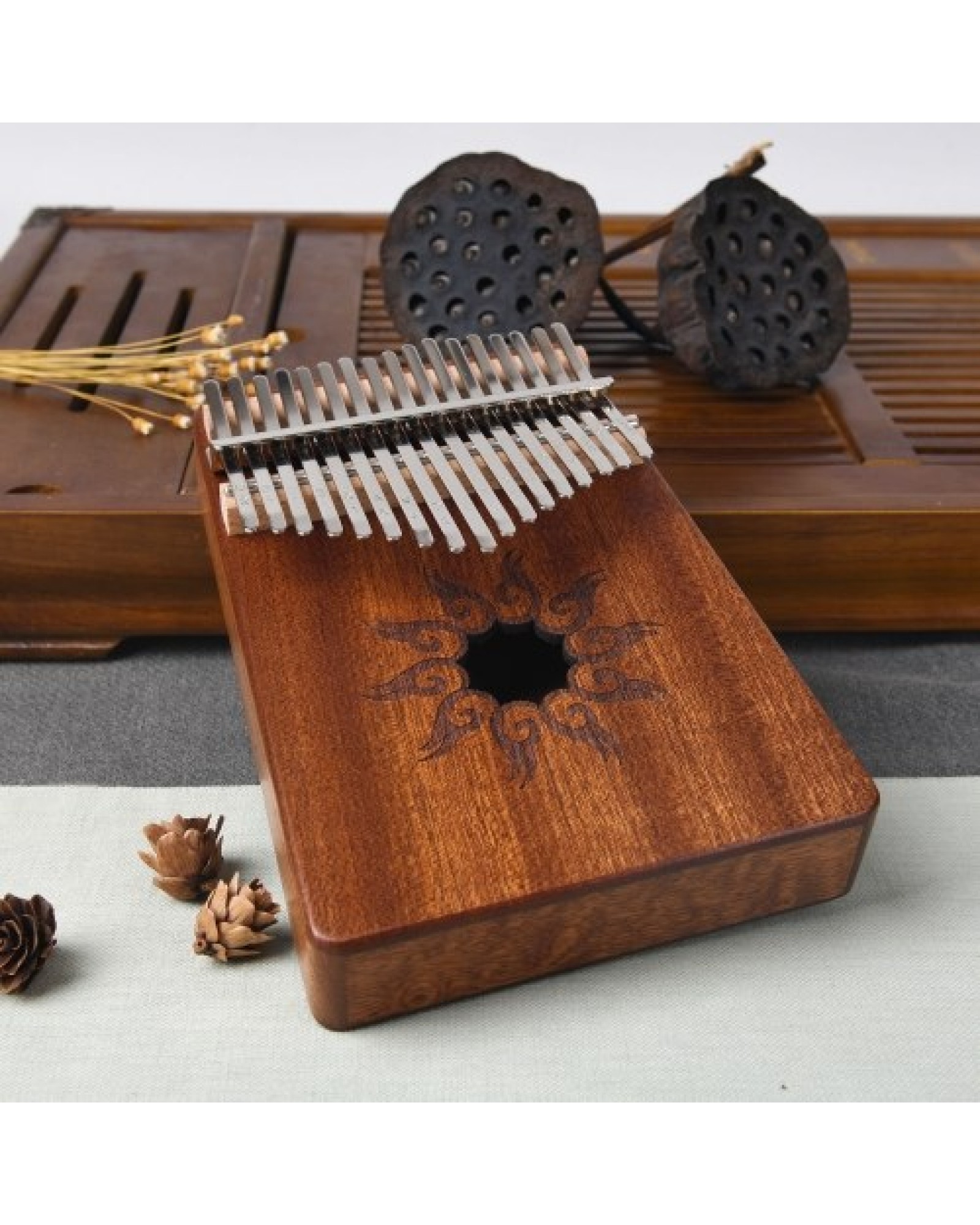 17-Tone Thumb Piano Flame Pattern Pine Wood Musical Instrument with Learning Book Tune Hammer