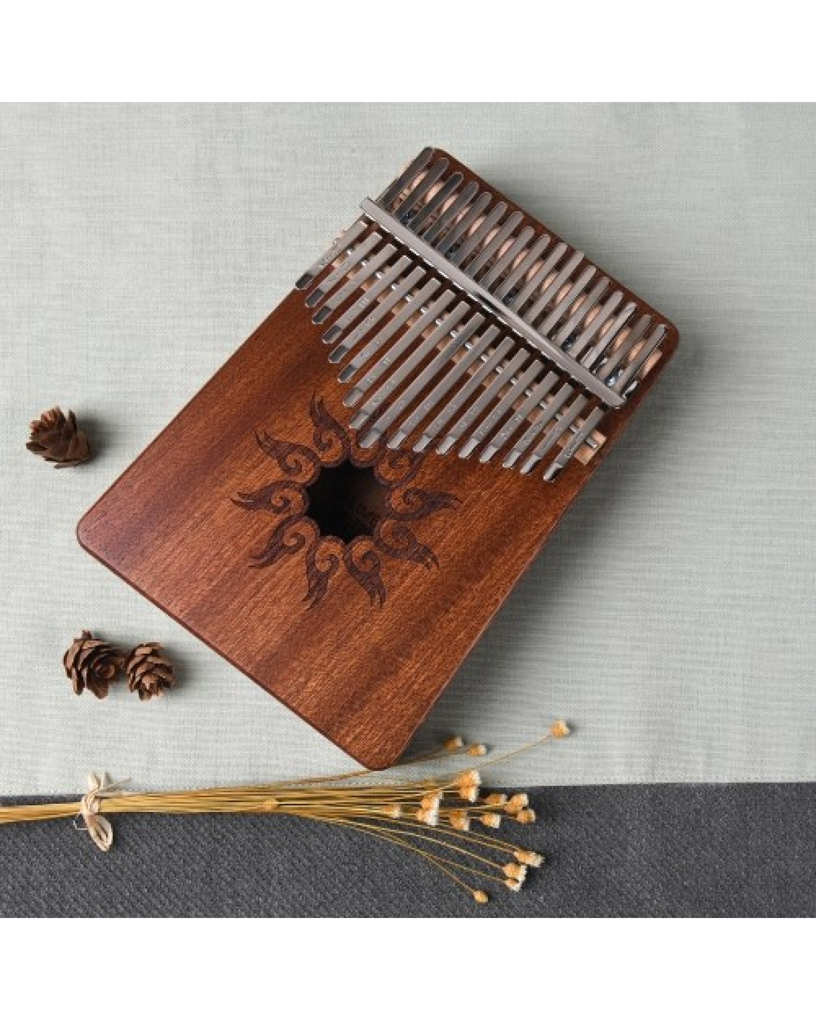 17-Tone Thumb Piano Flame Pattern Pine Wood Musical Instrument with Learning Book Tune Hammer