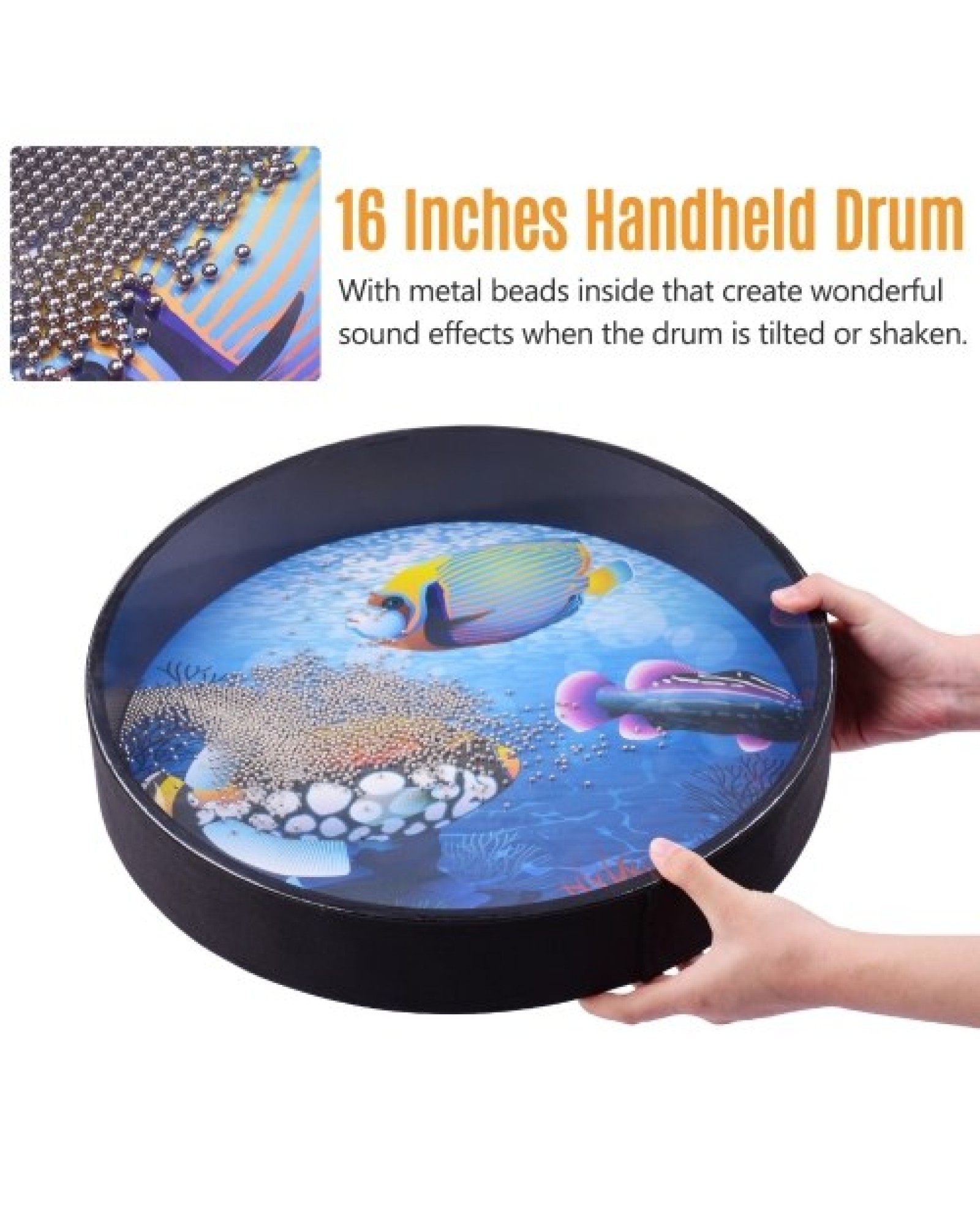 16 Inch Ocean Drum Wooden Handheld Sea Wave Drum Percussion Instrument Gentle Sea Sound Musical Toy Gift for Kids
