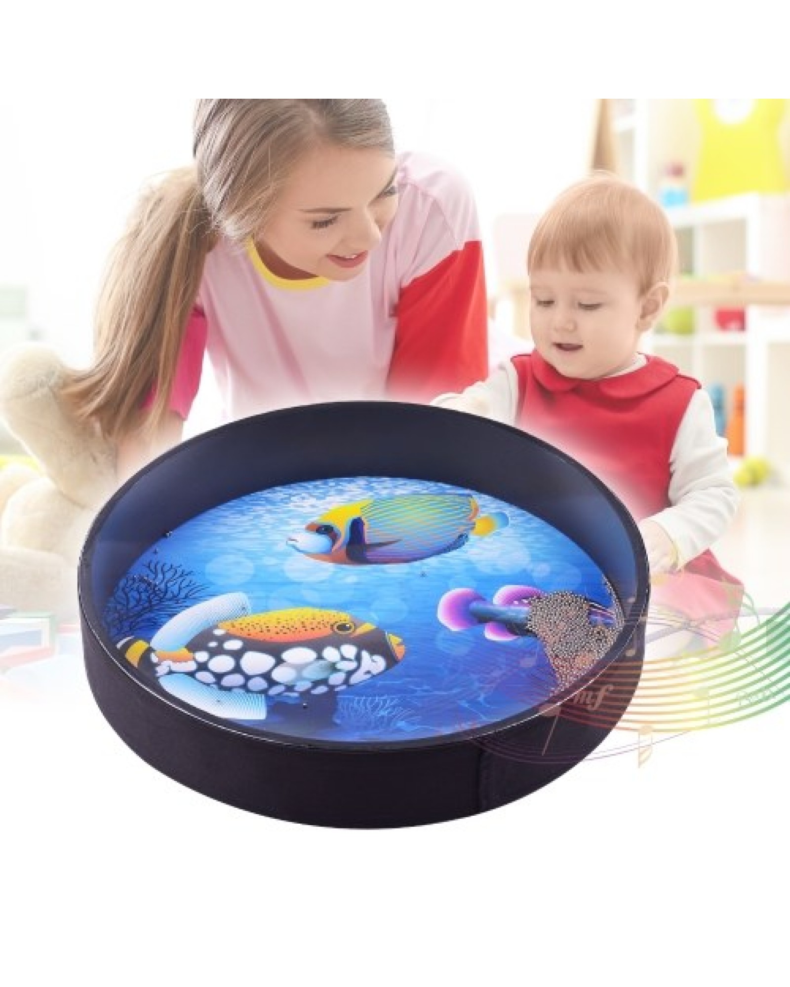 16 Inch Ocean Drum Wooden Handheld Sea Wave Drum Percussion Instrument Gentle Sea Sound Musical Toy Gift for Kids