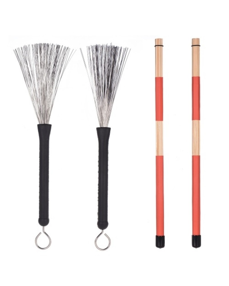1 Pair Drum Rods Sticks + 1 Pair Drum Brushes Drum Stick Set with Storage Bag for Jazz Folk Music
