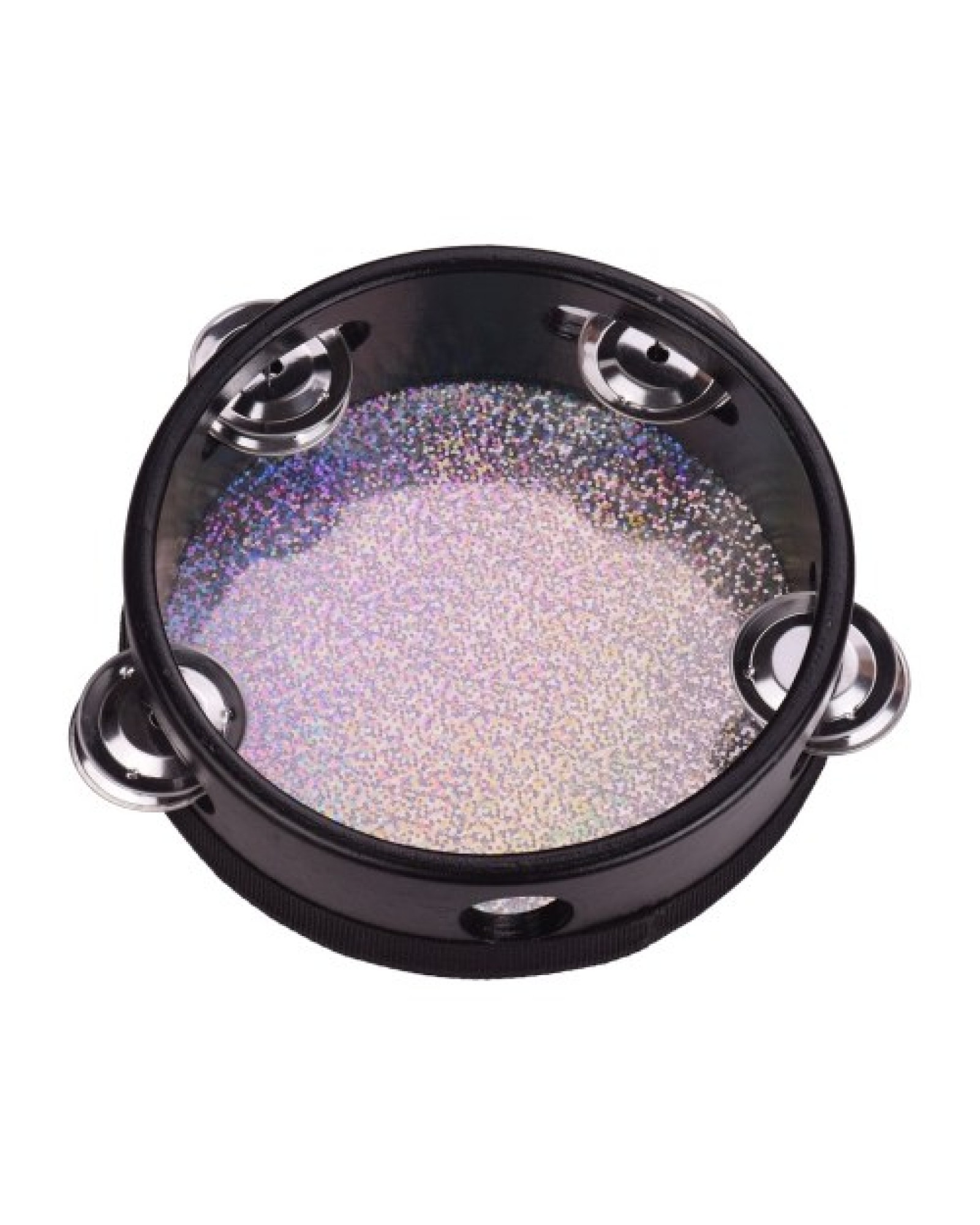 4 Inch Wooden Radiant Tambourine Handbell Hand Drum with Single Row Jingles Shining Reflective Drum Head