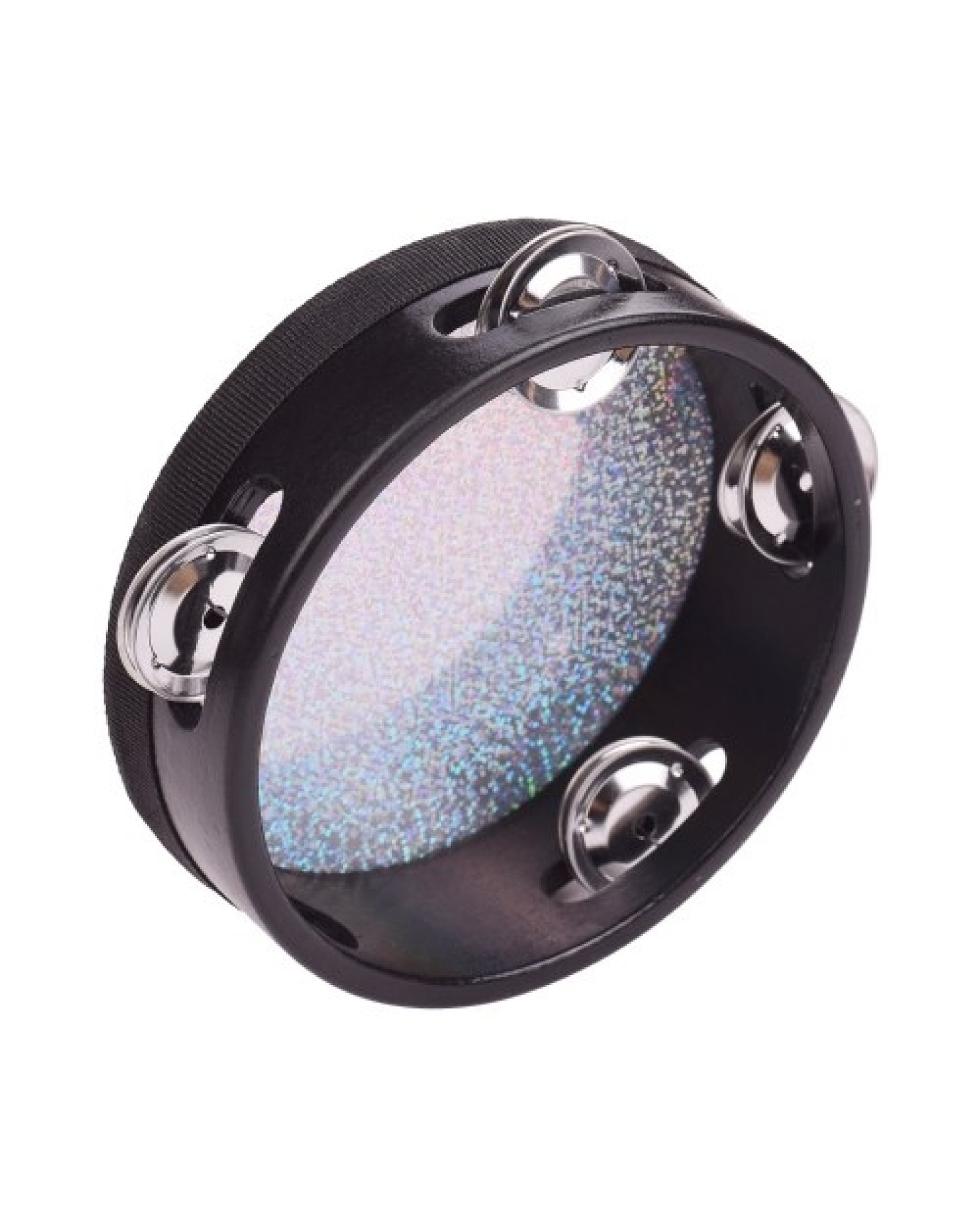 4 Inch Wooden Radiant Tambourine Handbell Hand Drum with Single Row Jingles Shining Reflective Drum Head