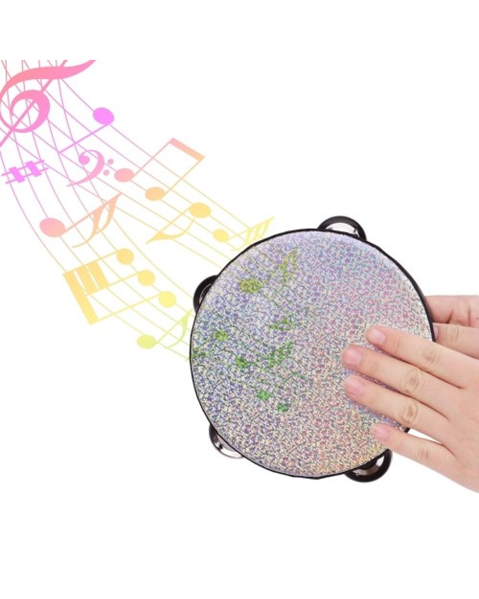 4 Inch Wooden Radiant Tambourine Handbell Hand Drum with Single Row Jingles Shining Reflective Drum Head