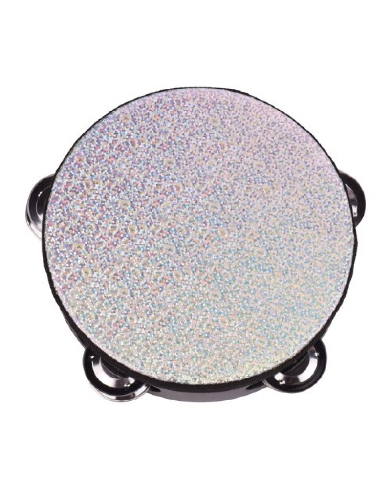 4 Inch Wooden Radiant Tambourine Handbell Hand Drum with Single Row Jingles Shining Reflective Drum Head