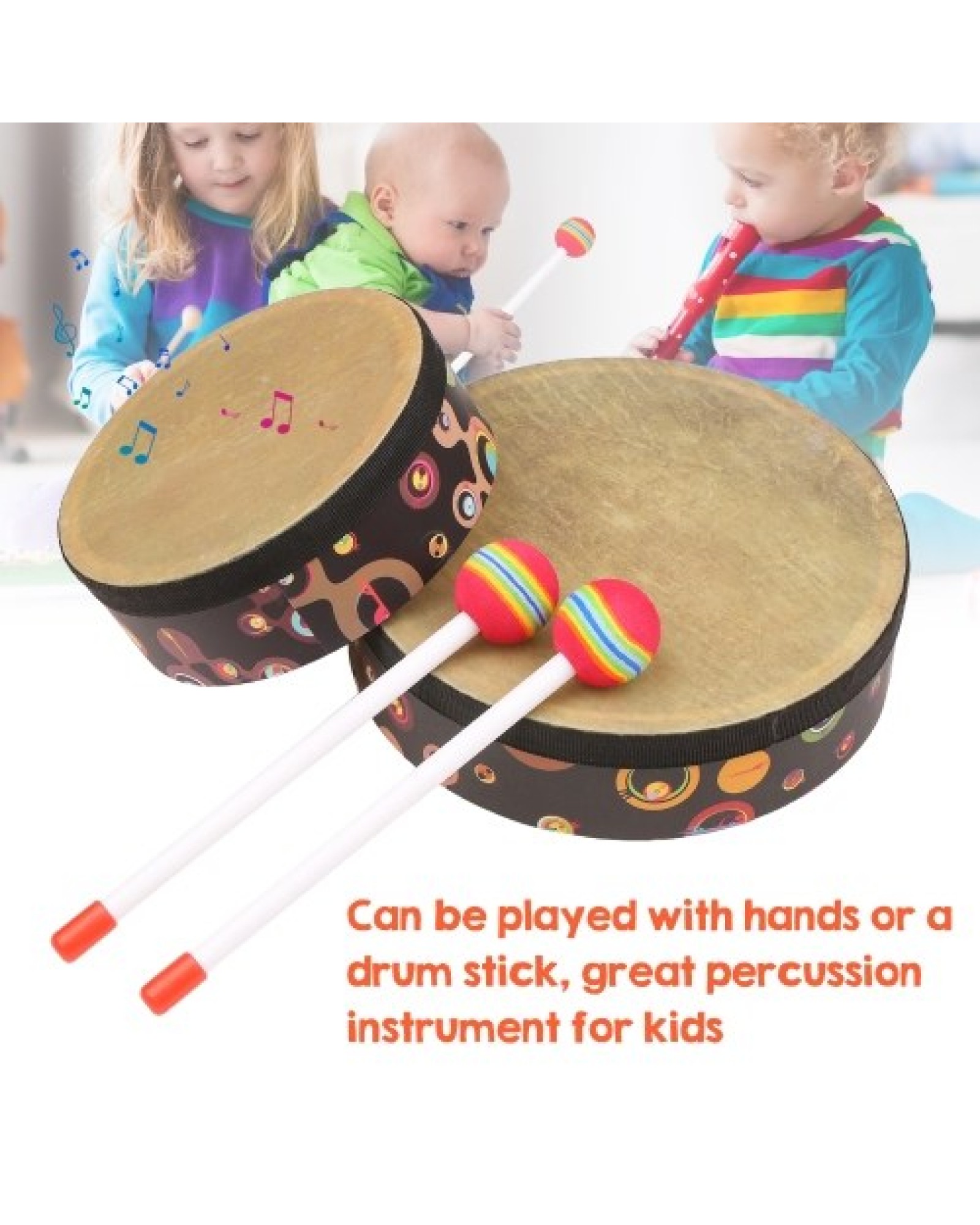Hand Drum Orff Music Percussion Instrument Portable Drum Instrument with Drumstick 6in