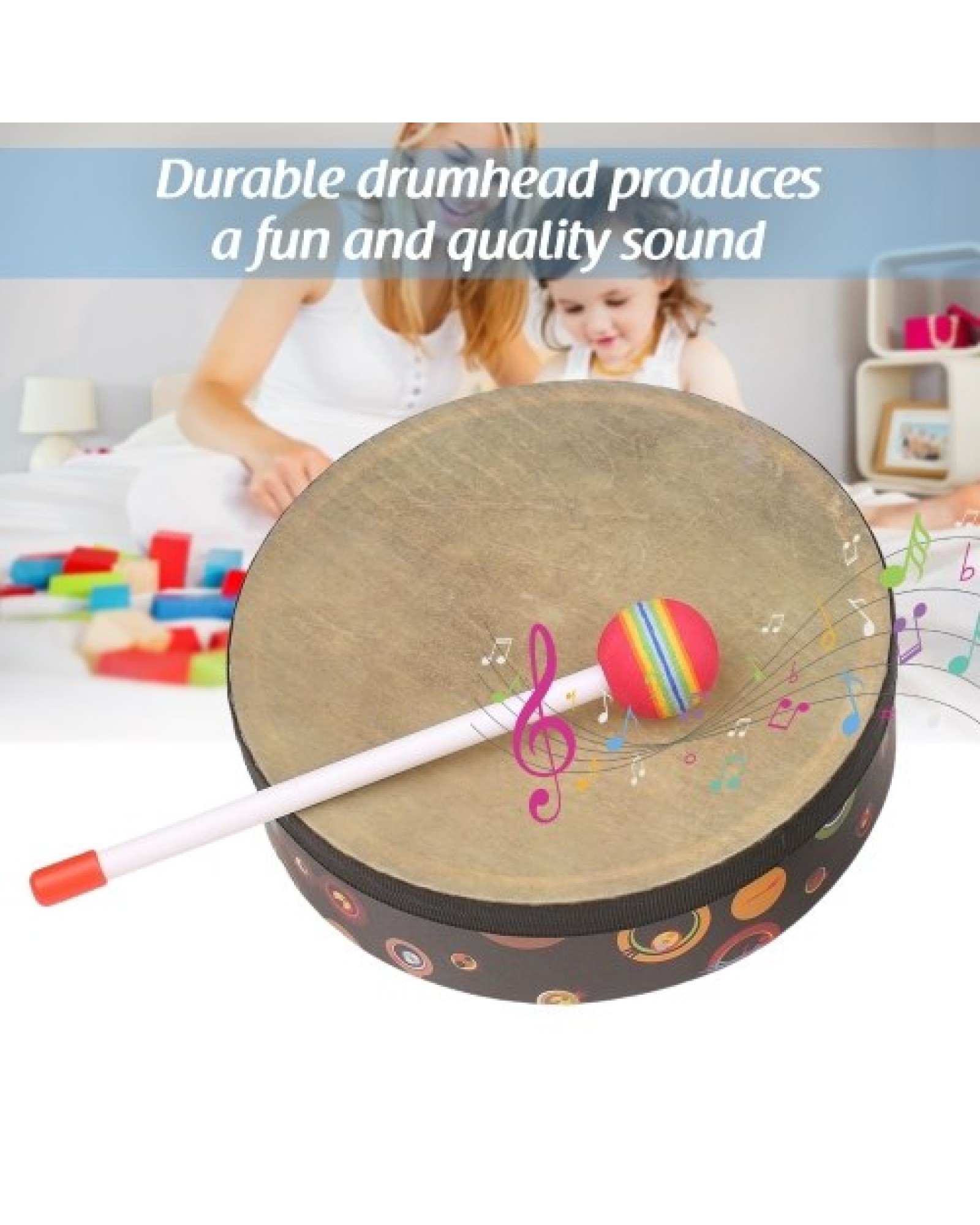 Hand Drum Orff Music Percussion Instrument Portable Drum Instrument with Drumstick 6in