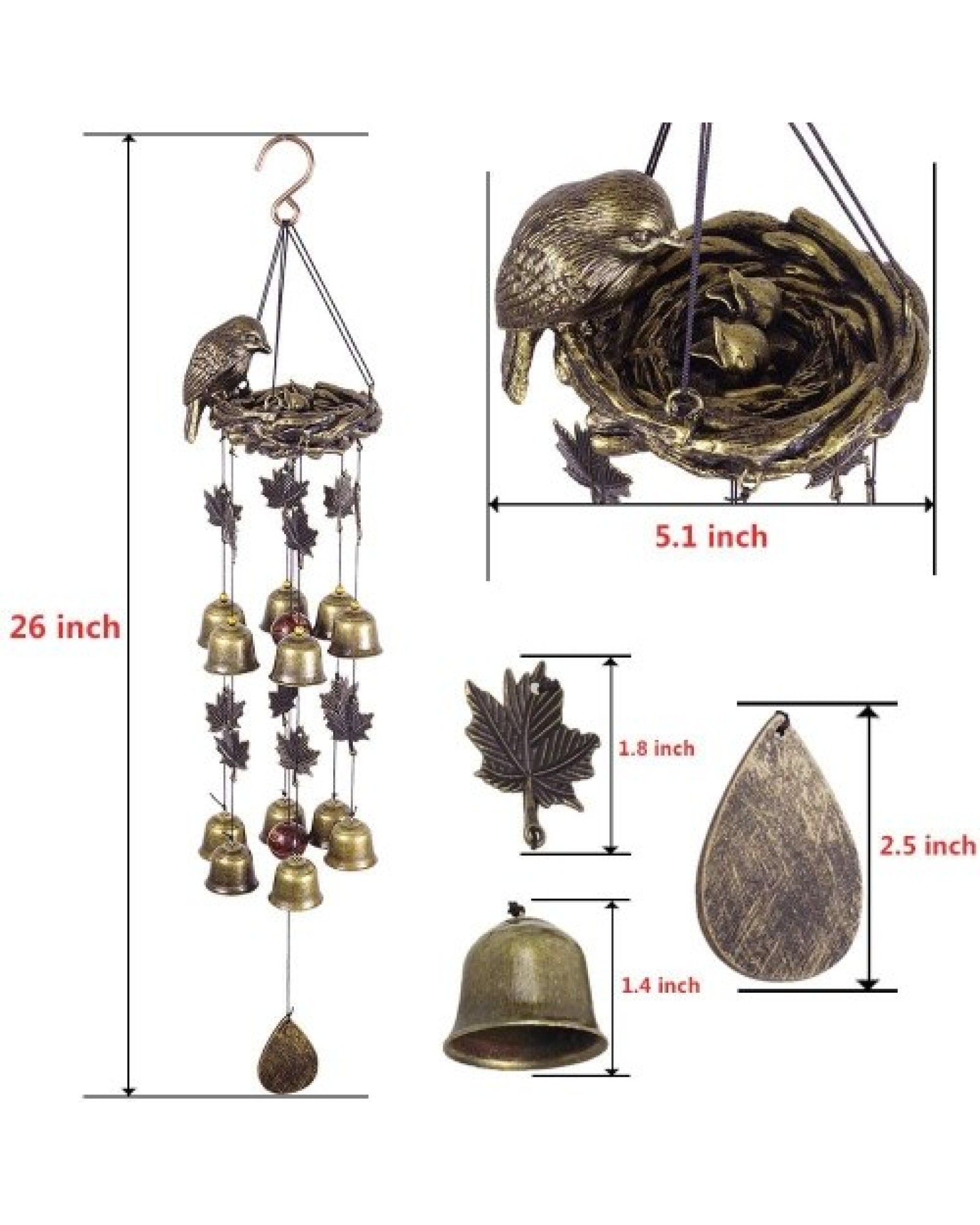 Bird Wind Chimes Vintage Bird Nest Outdoor Windbells 12 Bell Chimes Mama Bird with Baby Birds Hanging Decor for Backyard Porch B