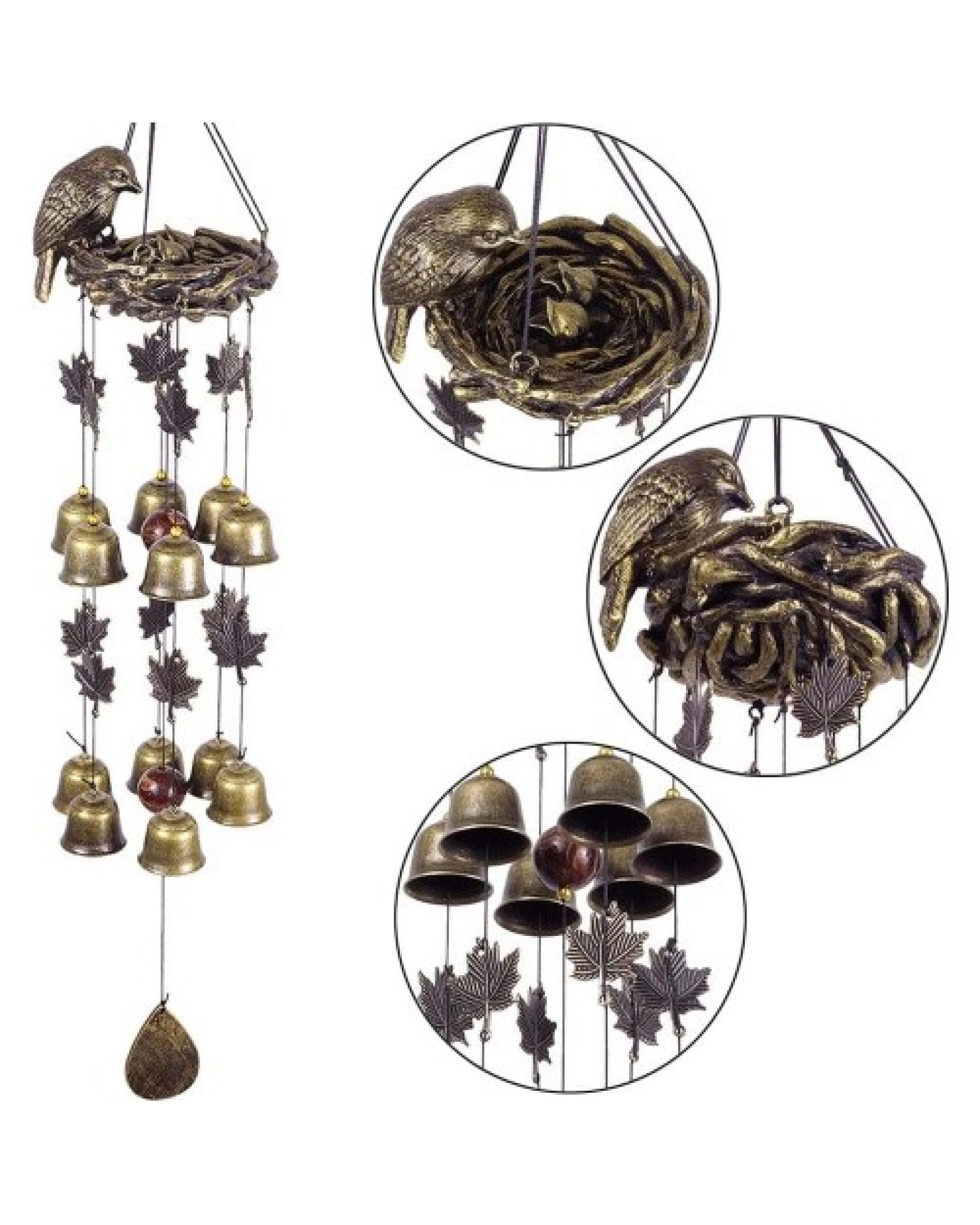 Bird Wind Chimes Vintage Bird Nest Outdoor Windbells 12 Bell Chimes Mama Bird with Baby Birds Hanging Decor for Backyard Porch B