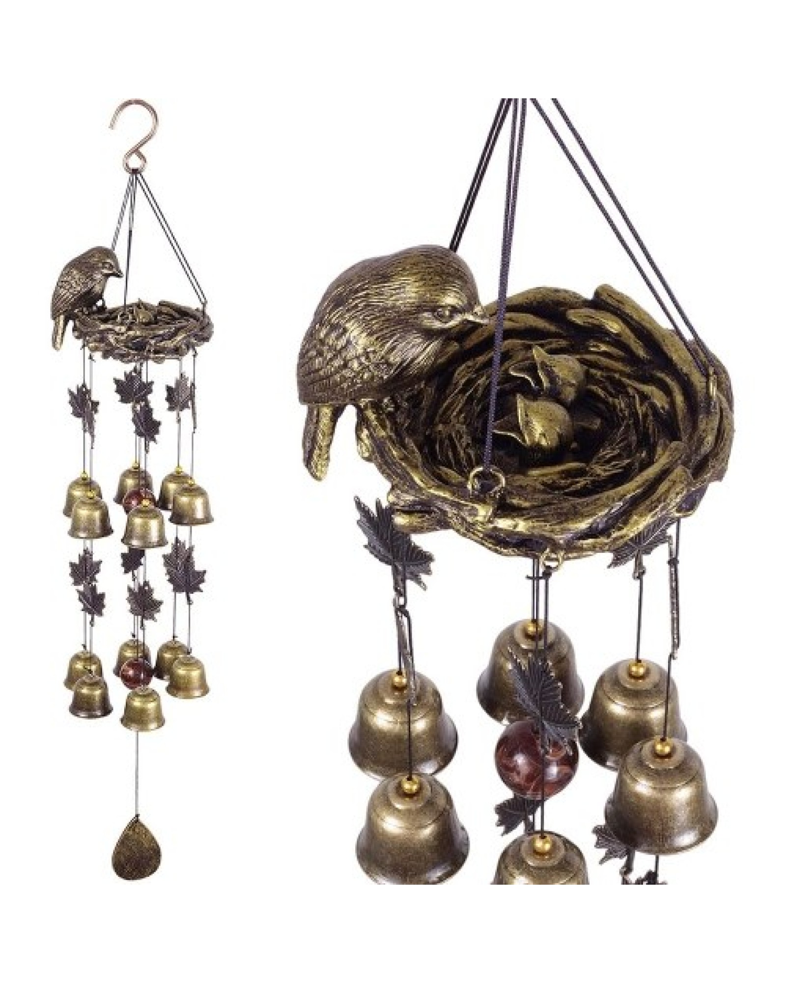 Bird Wind Chimes Vintage Bird Nest Outdoor Windbells 12 Bell Chimes Mama Bird with Baby Birds Hanging Decor for Backyard Porch B