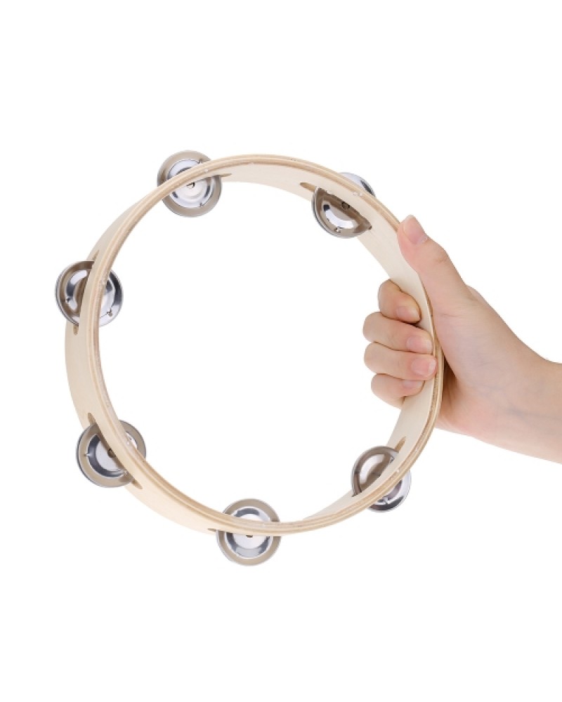 Kids 8" Hand Held Wood Headless Tambourine Bell with Metal Single Row Jingles and Wood Quality Children Educational Musical Perc