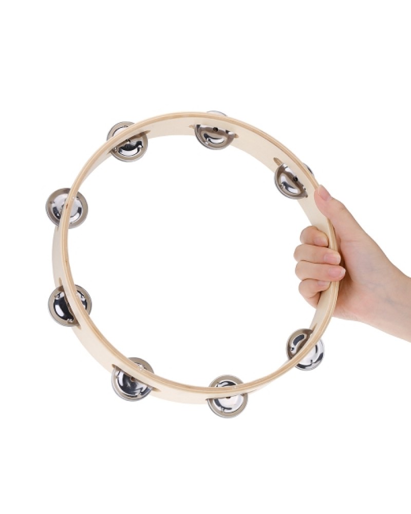 Kids 10" Hand Held Wood Headless Tambourine Bell with Metal Single Row Jingles and Wood Quality Children Educational Musical Per